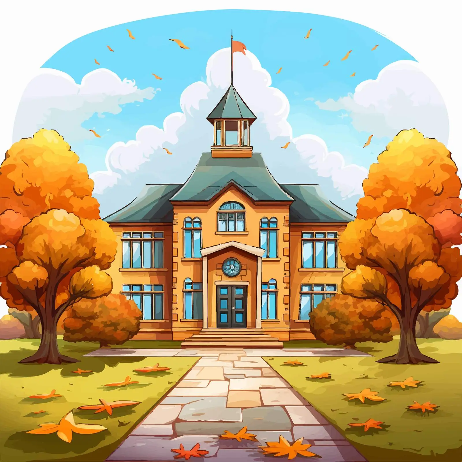 School Building Surrounded by Nature Illustration — free download from Dotvec