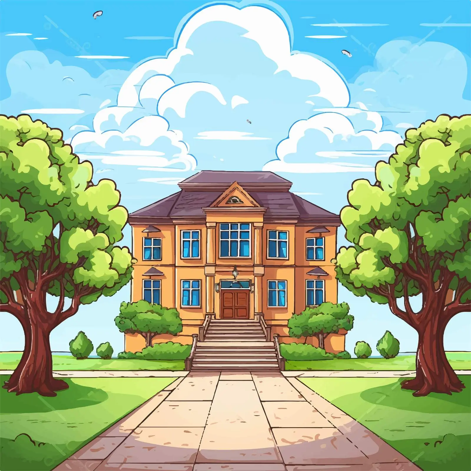 School Building Surrounded by Nature Illustration — free download from Dotvec