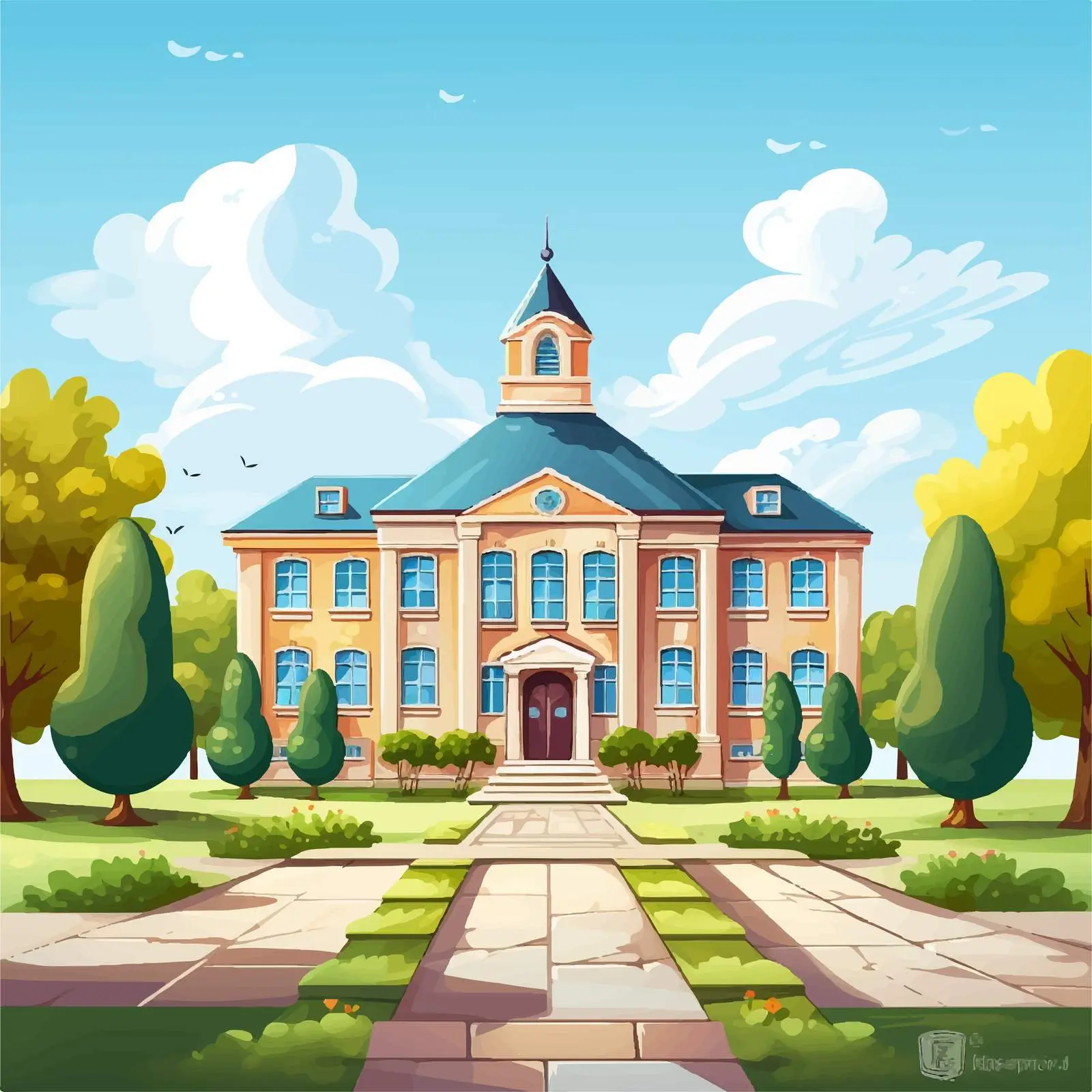 School Building Surrounded by Nature Illustration — free download from Dotvec