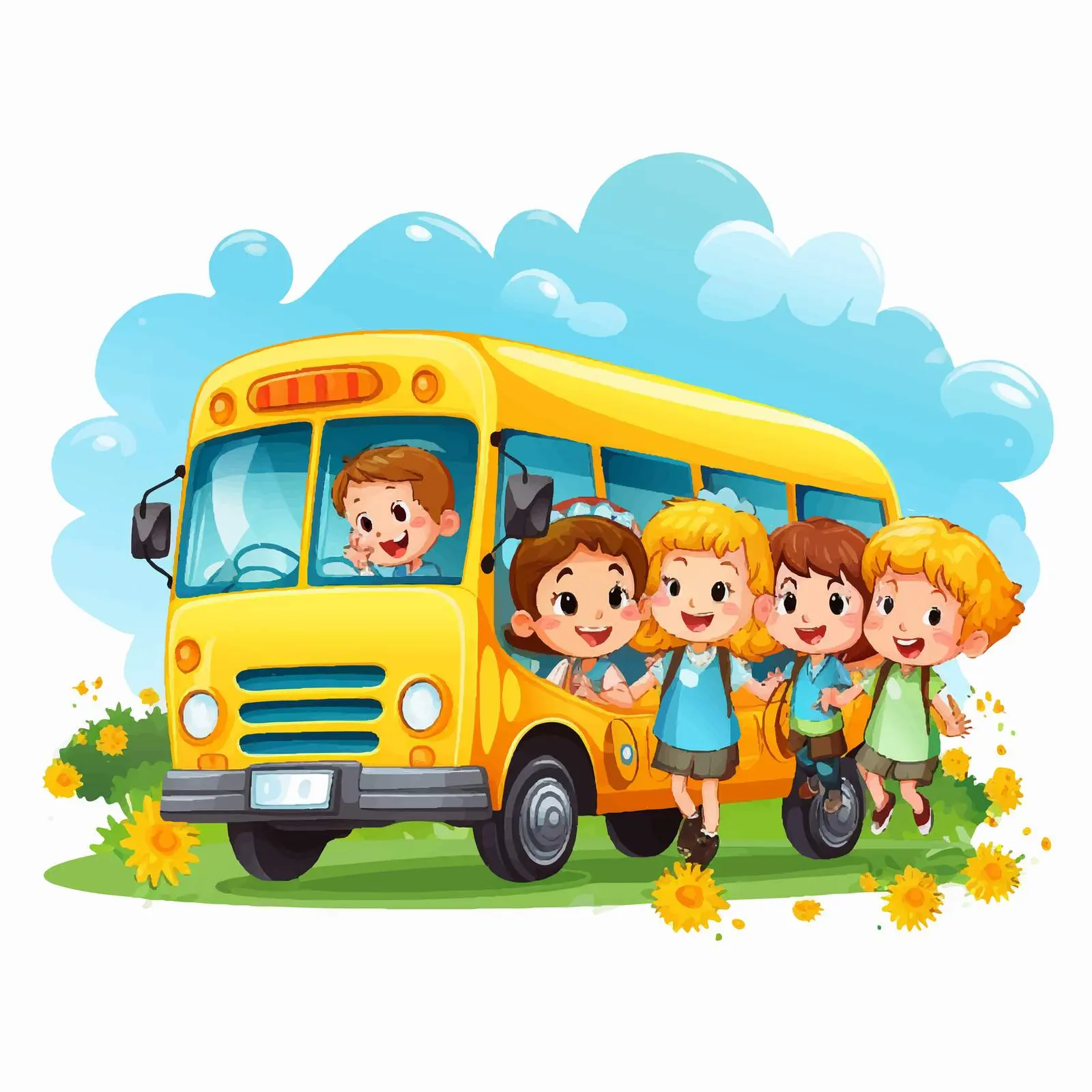 School Bus with Kids Vector Illustration — free download from Dotvec