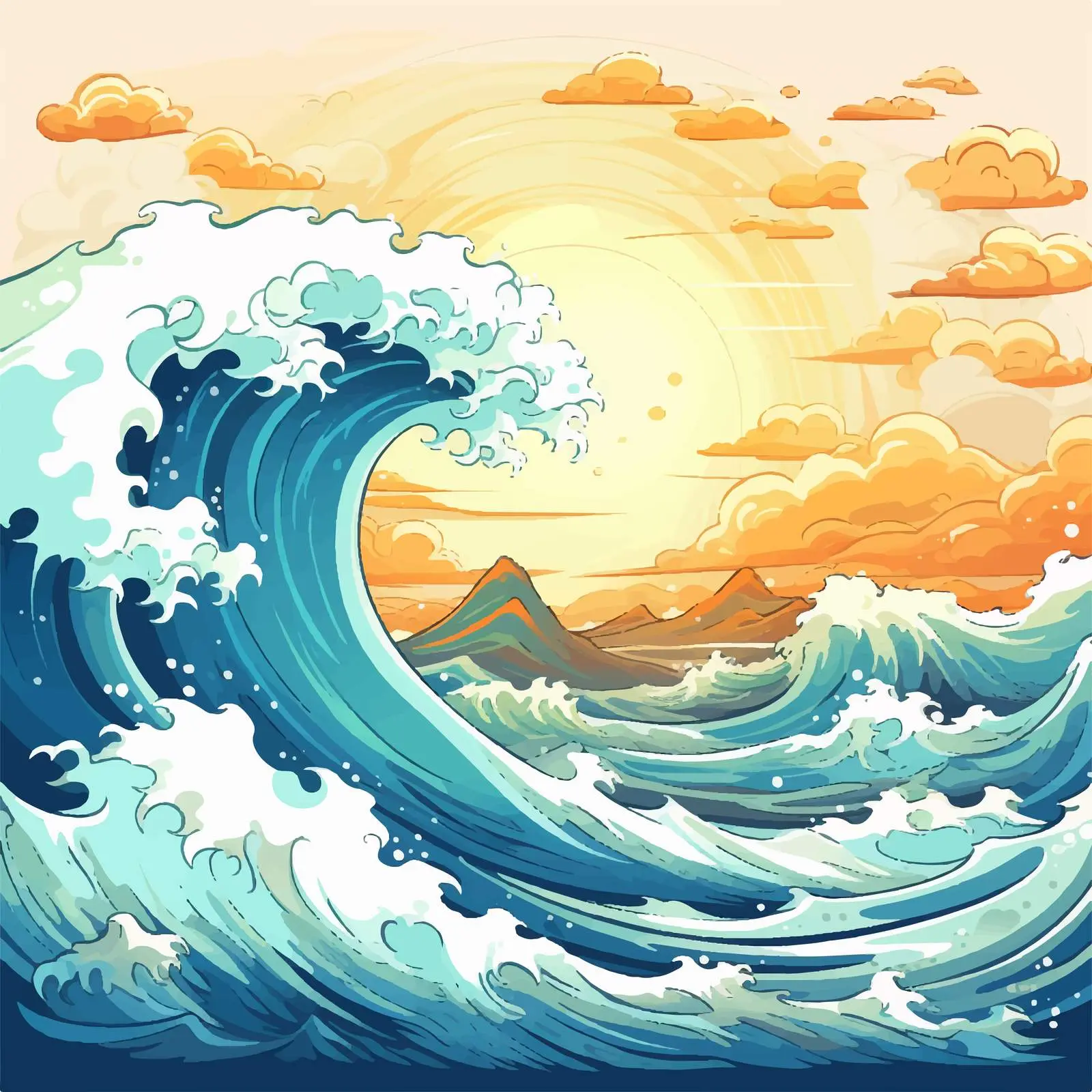 Giant Waves in a Cartoon Sea Illustration — free download from Dotvec