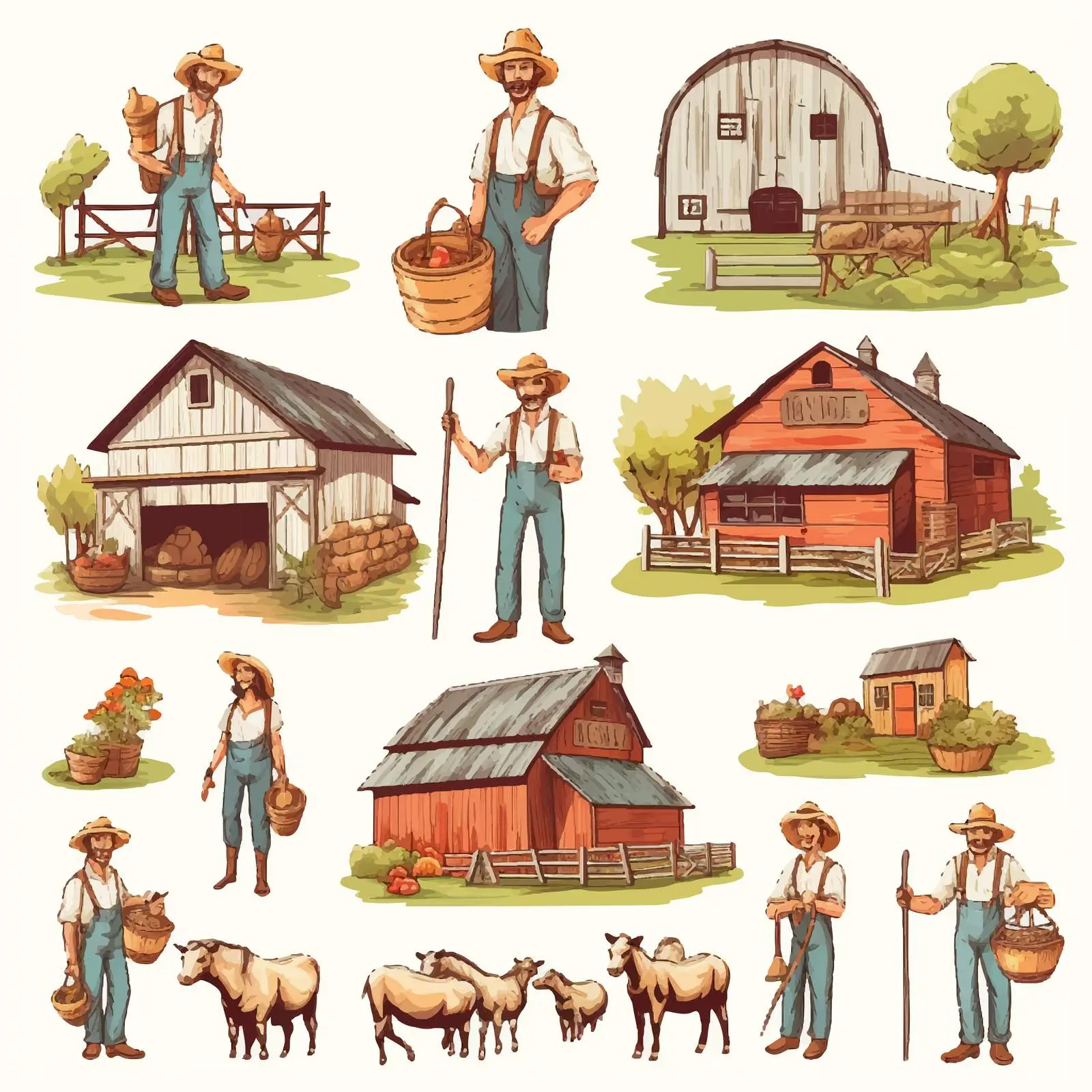 Farmers Working Beside a Barn Illustration — free download from Dotvec