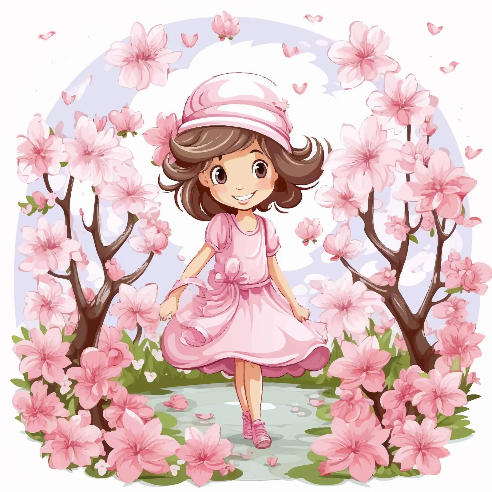 Smiling Girl in Garden with Pink Blooms – free happy vibes image from Dotvec