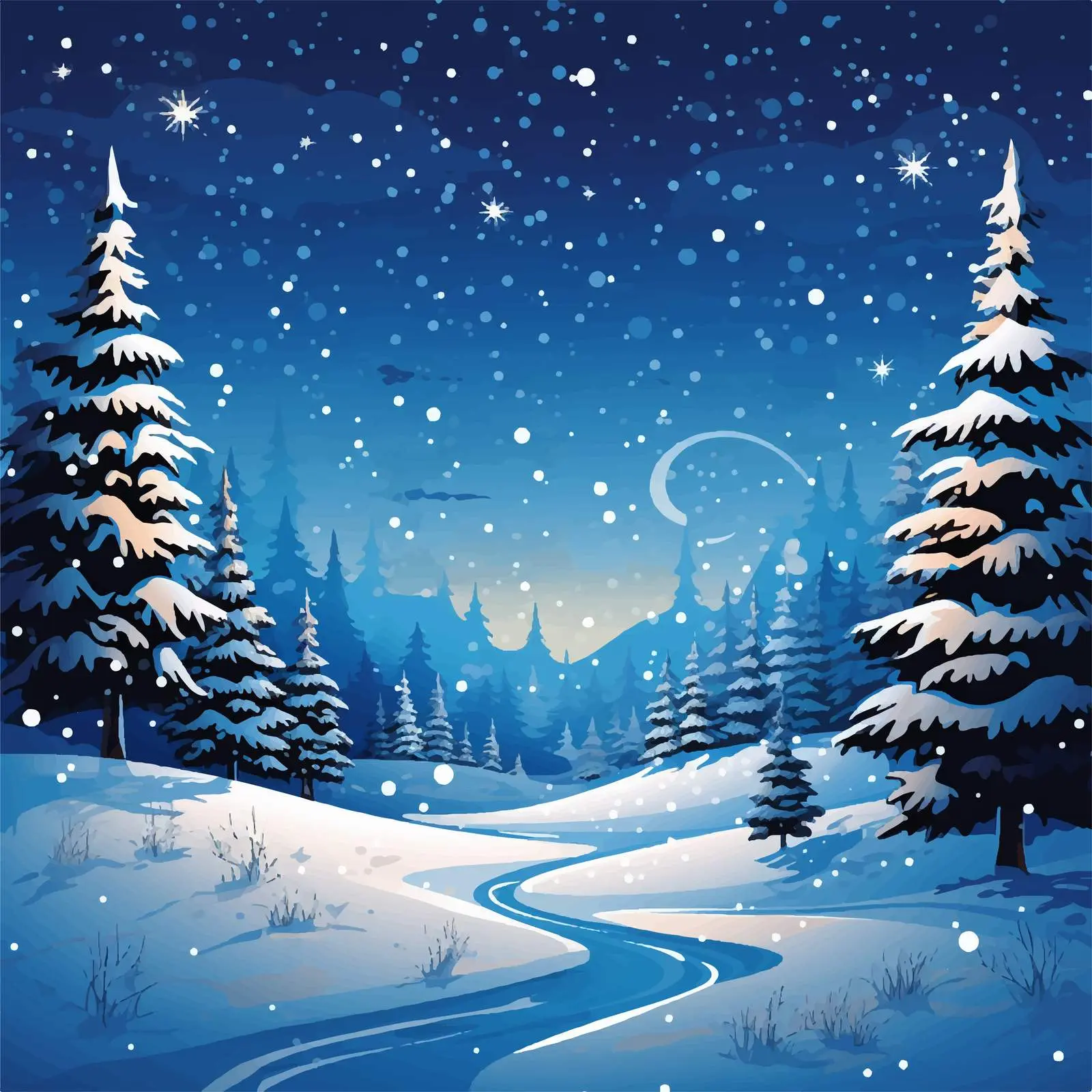 Snowfall and Nature Illustration at Night – free capped image from Dotvec