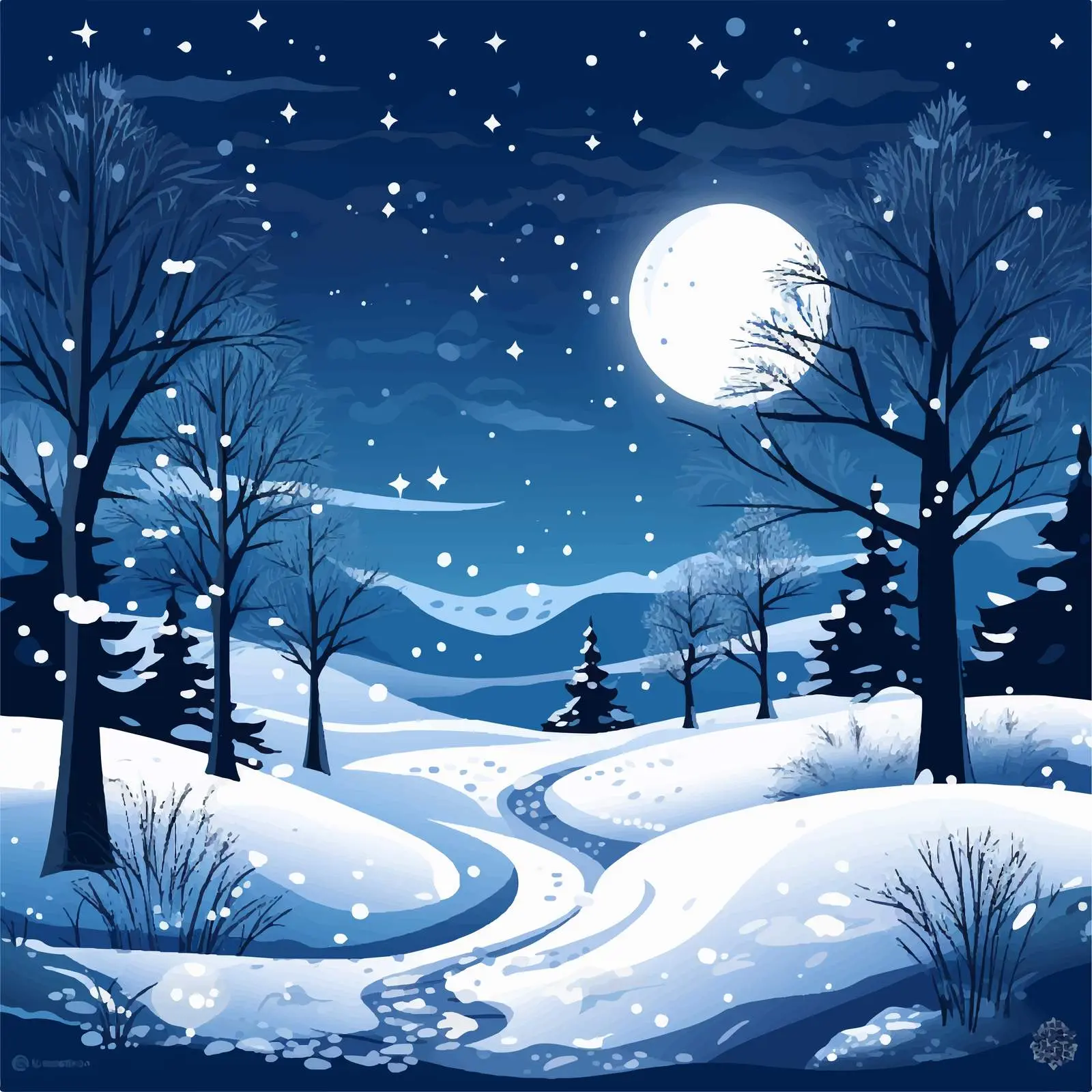 Beautiful Night Nature with Snowfall Illustration – free tranquil atmosphere image from Dotvec