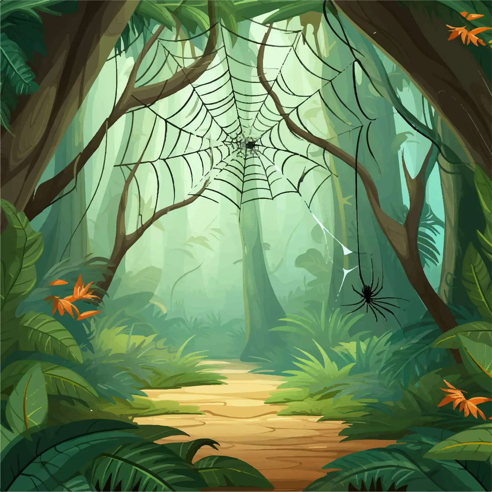Spider Web Illustration in Rainforest Vector — free download from Dotvec