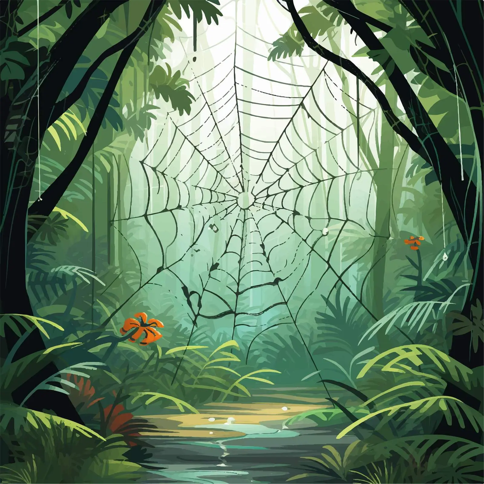Spider Web Illustration in Rainforest Environment — free download from Dotvec