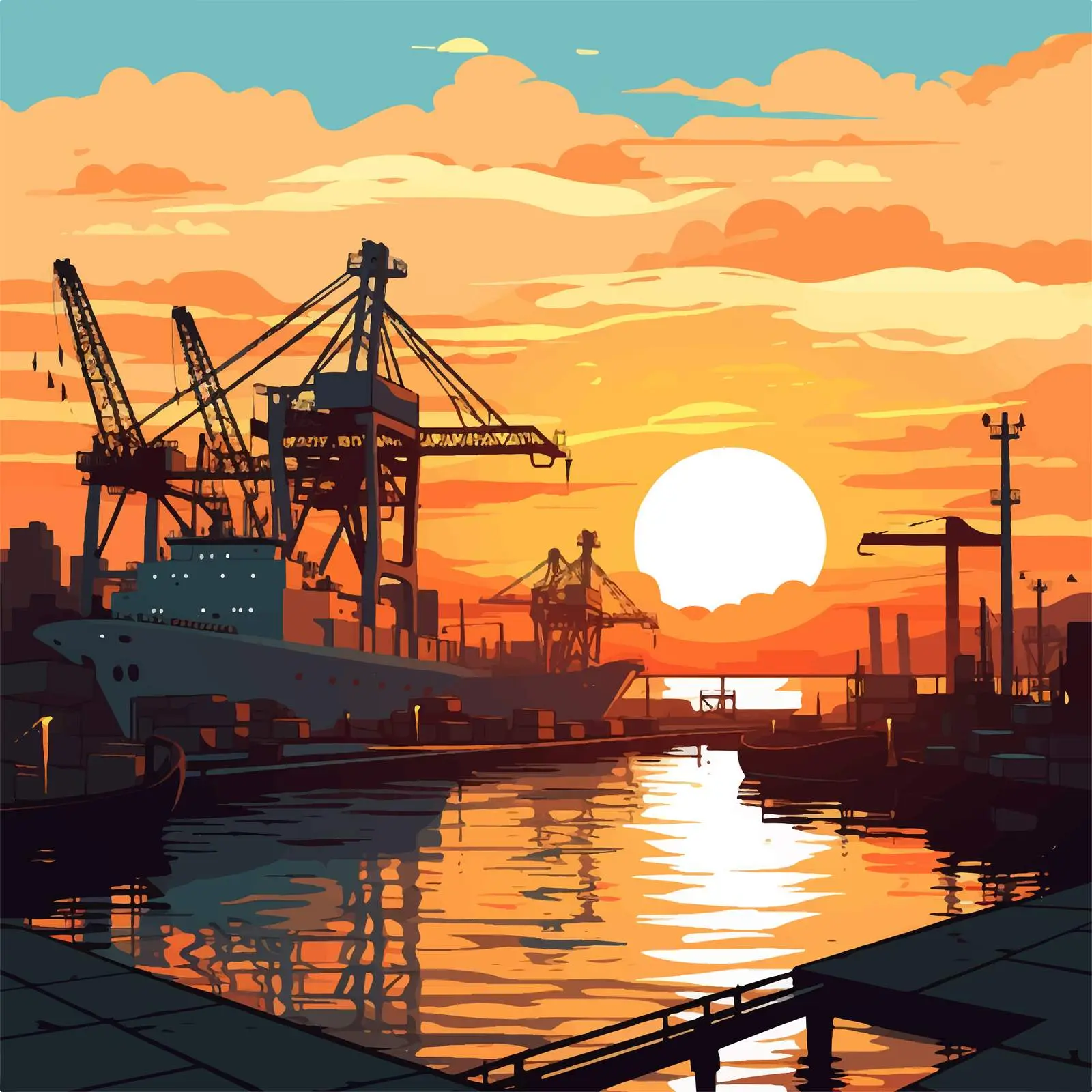 Sunset at the Port Vector Illustration – free dusk image from Dotvec