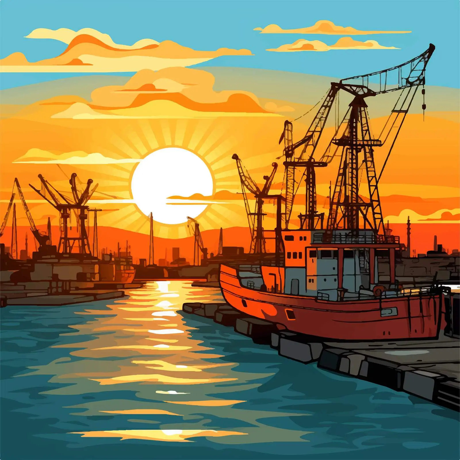 Cartoon Sunset at the Port Illustration – free dusk image from Dotvec