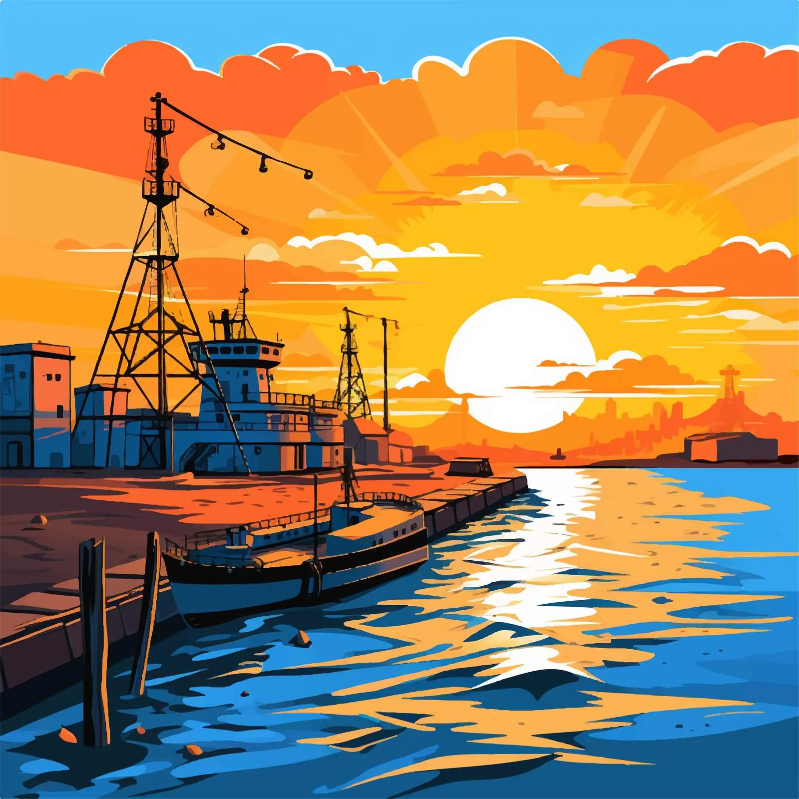 Cartoon Sunset at the Port Vector Illustration — free download from Dotvec