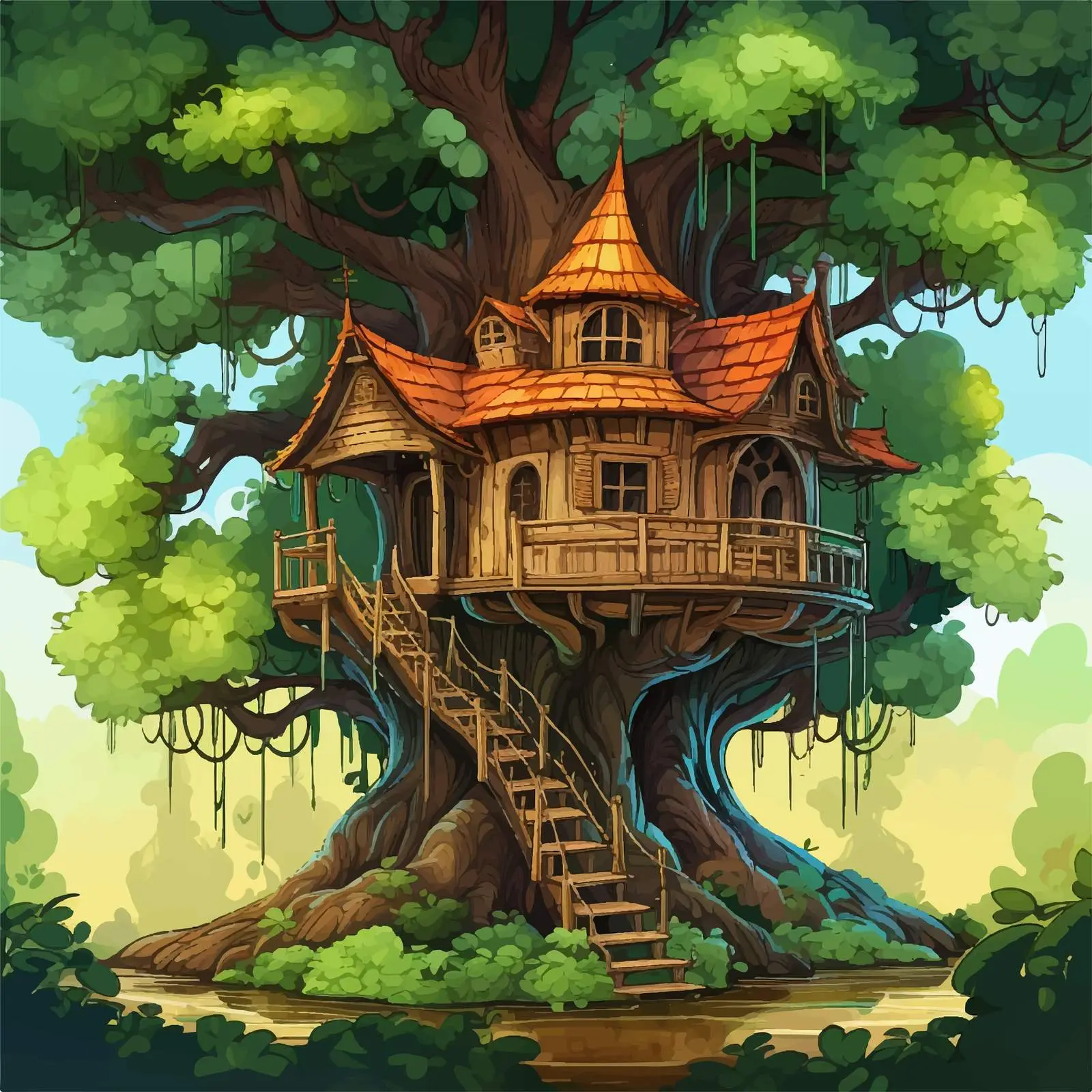 Tree House in Forest Vector Illustration — free download from Dotvec