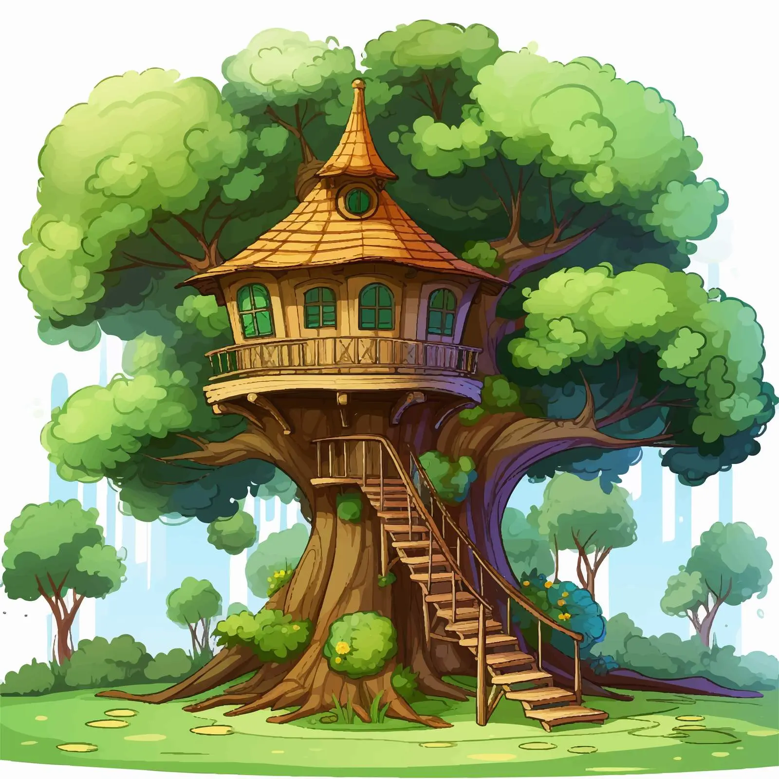 Tree House Illustration in Lush Forest – free forest life image from Dotvec