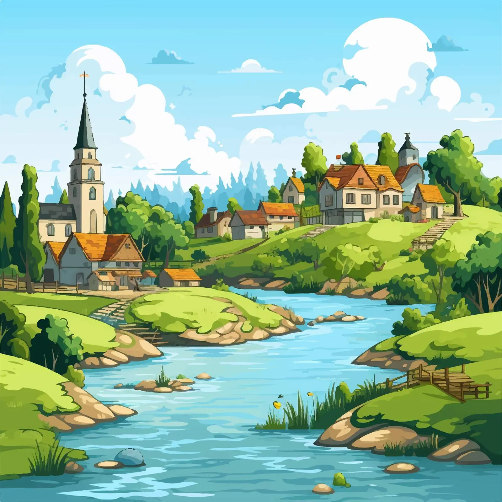 Cartoon Village by the River Illustration — free download from Dotvec