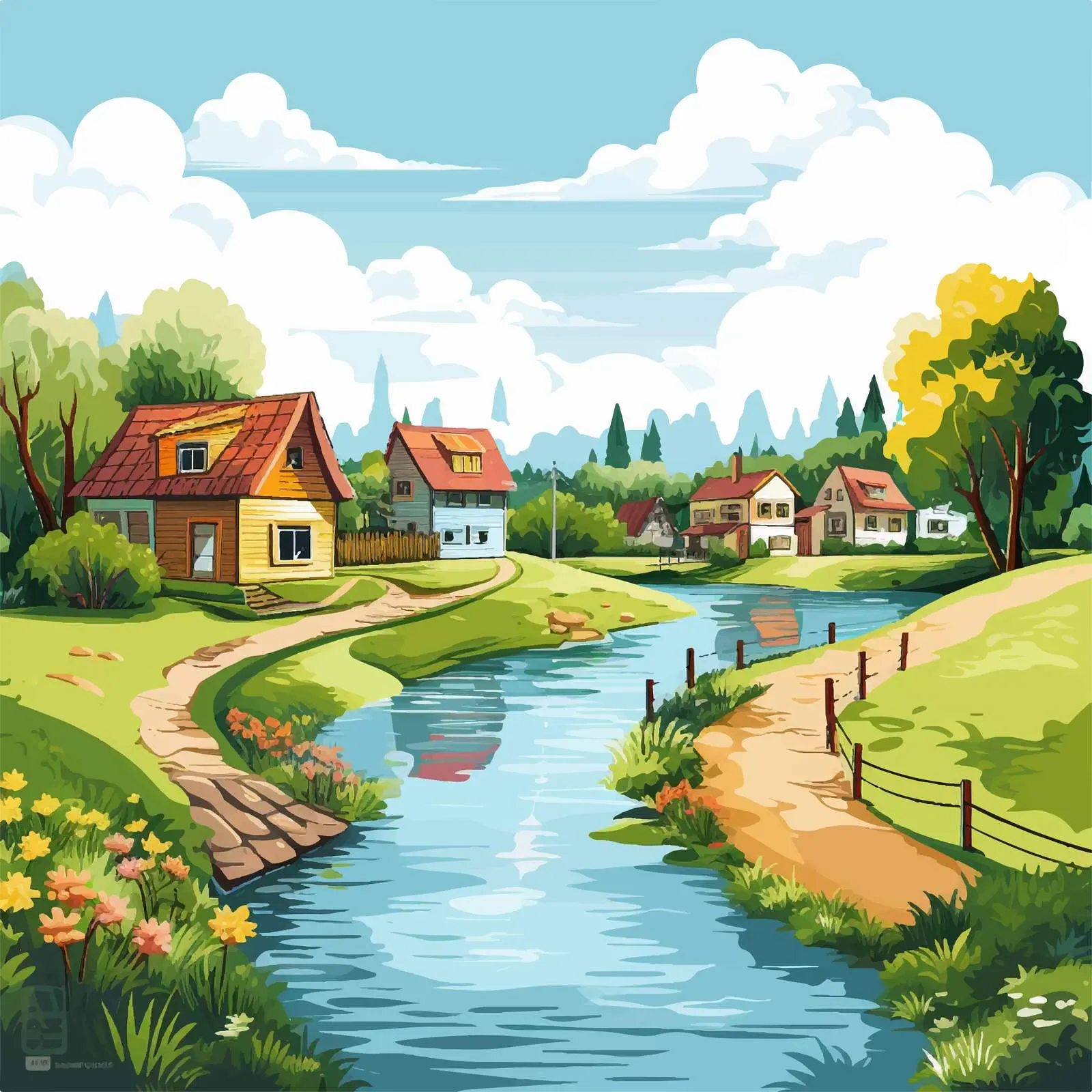 Village Near the River Cartoon Illustration — free download from Dotvec