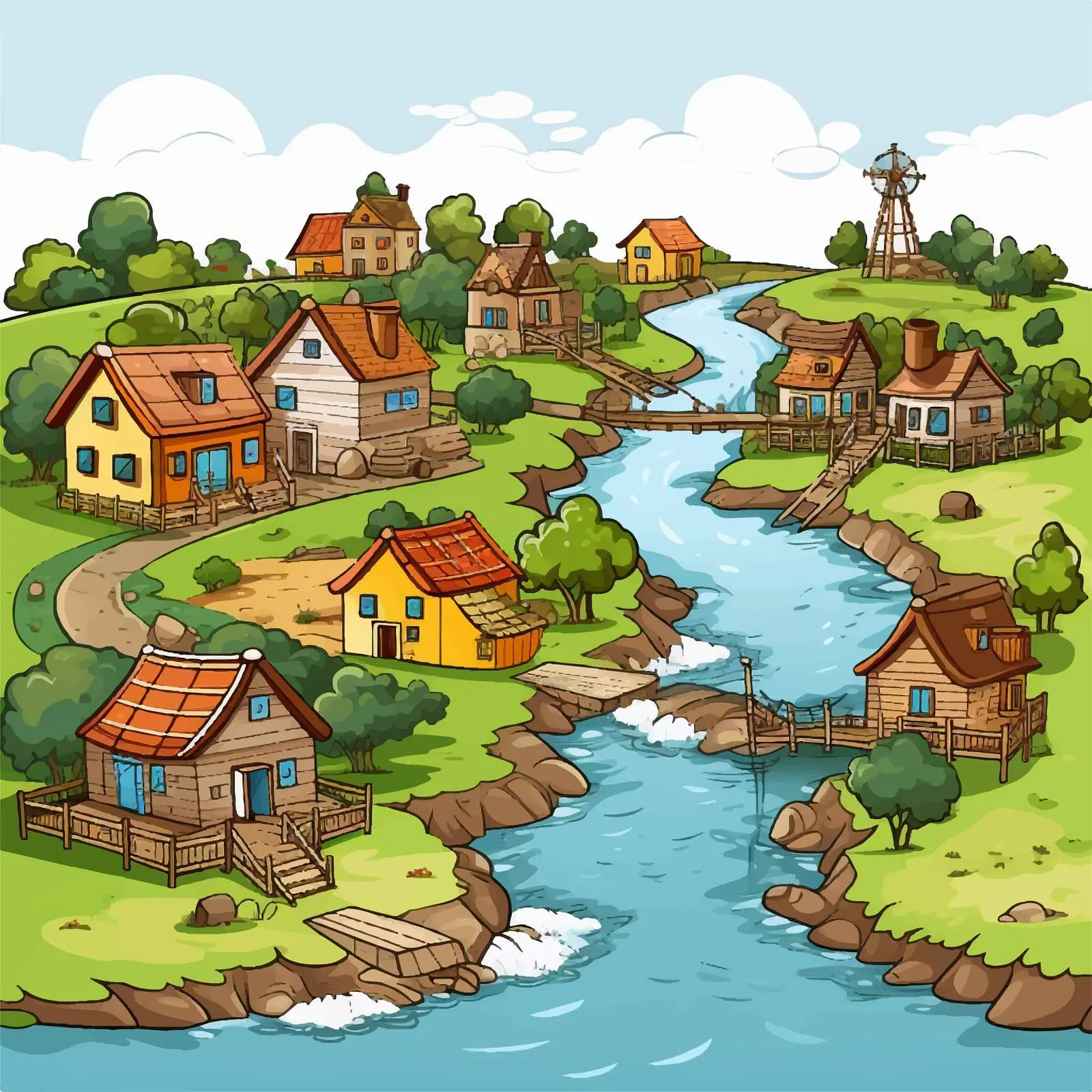 Village Near River Cartoon Illustration Vector — free download from Dotvec