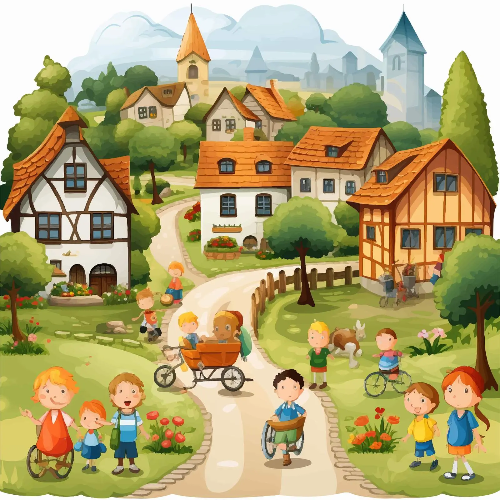 Kids Playing in a Village View Illustration — free download from Dotvec