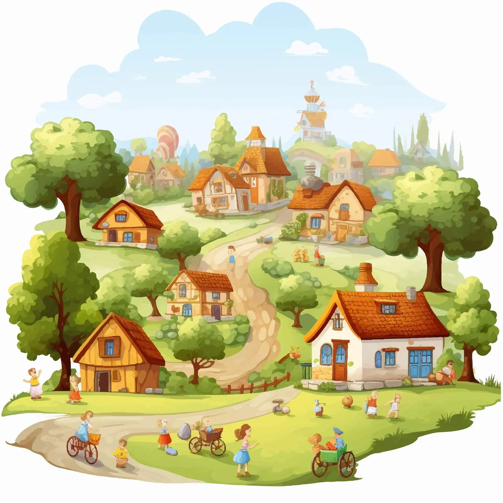 Village View Illustration with Kids — free download from Dotvec