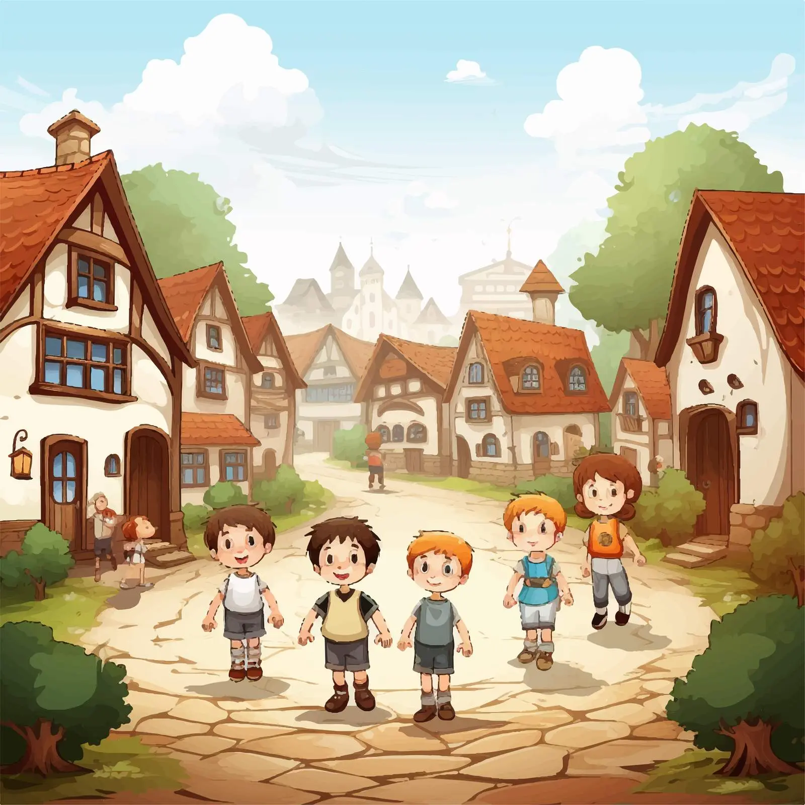 Village View Illustration with Children on White Background — free download from Dotvec
