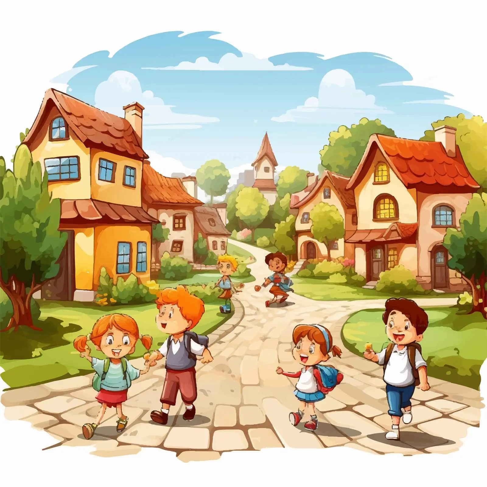 Village View with Children on White Background — free download from Dotvec