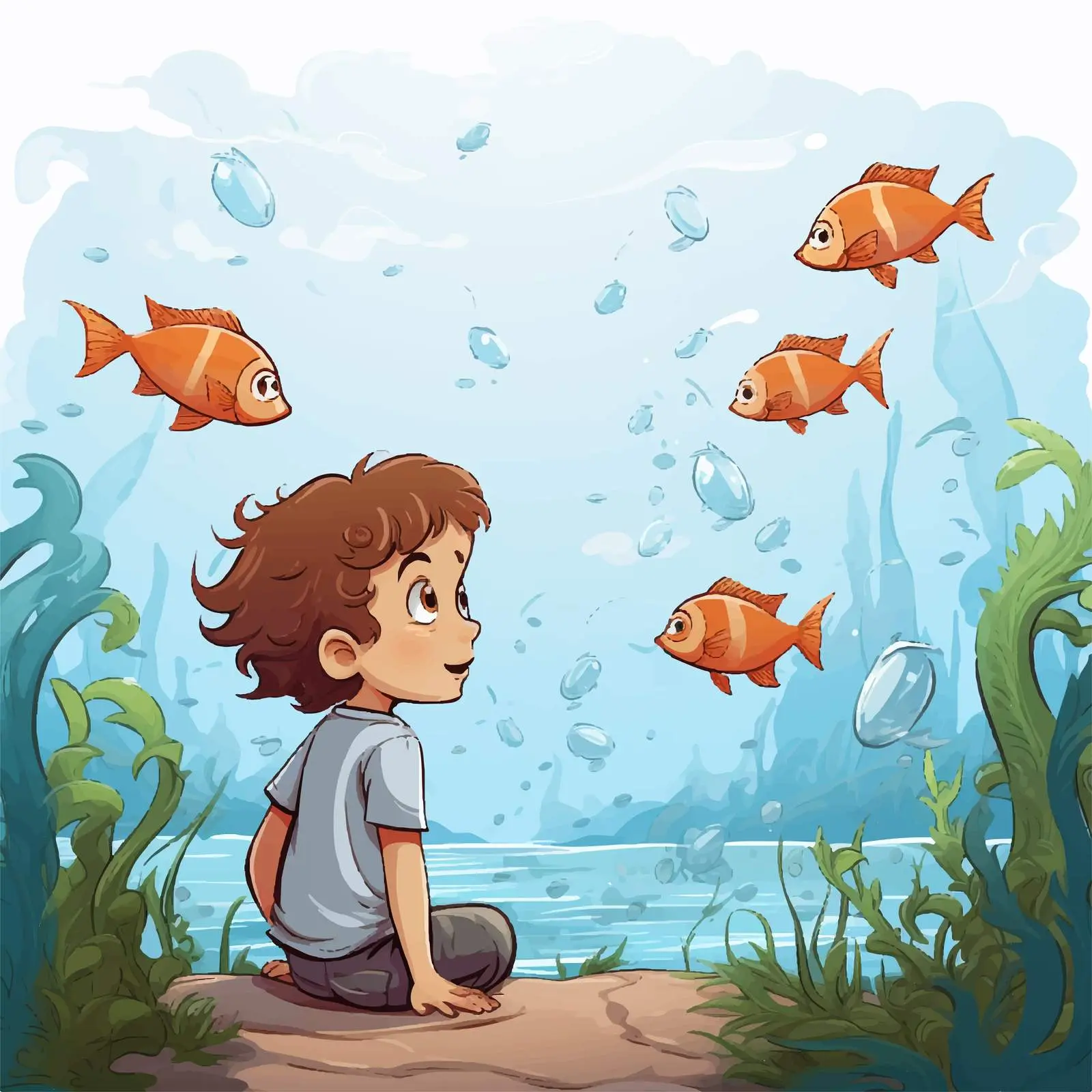 Boy Observing Fishes in a Vector Illustration — free download from Dotvec