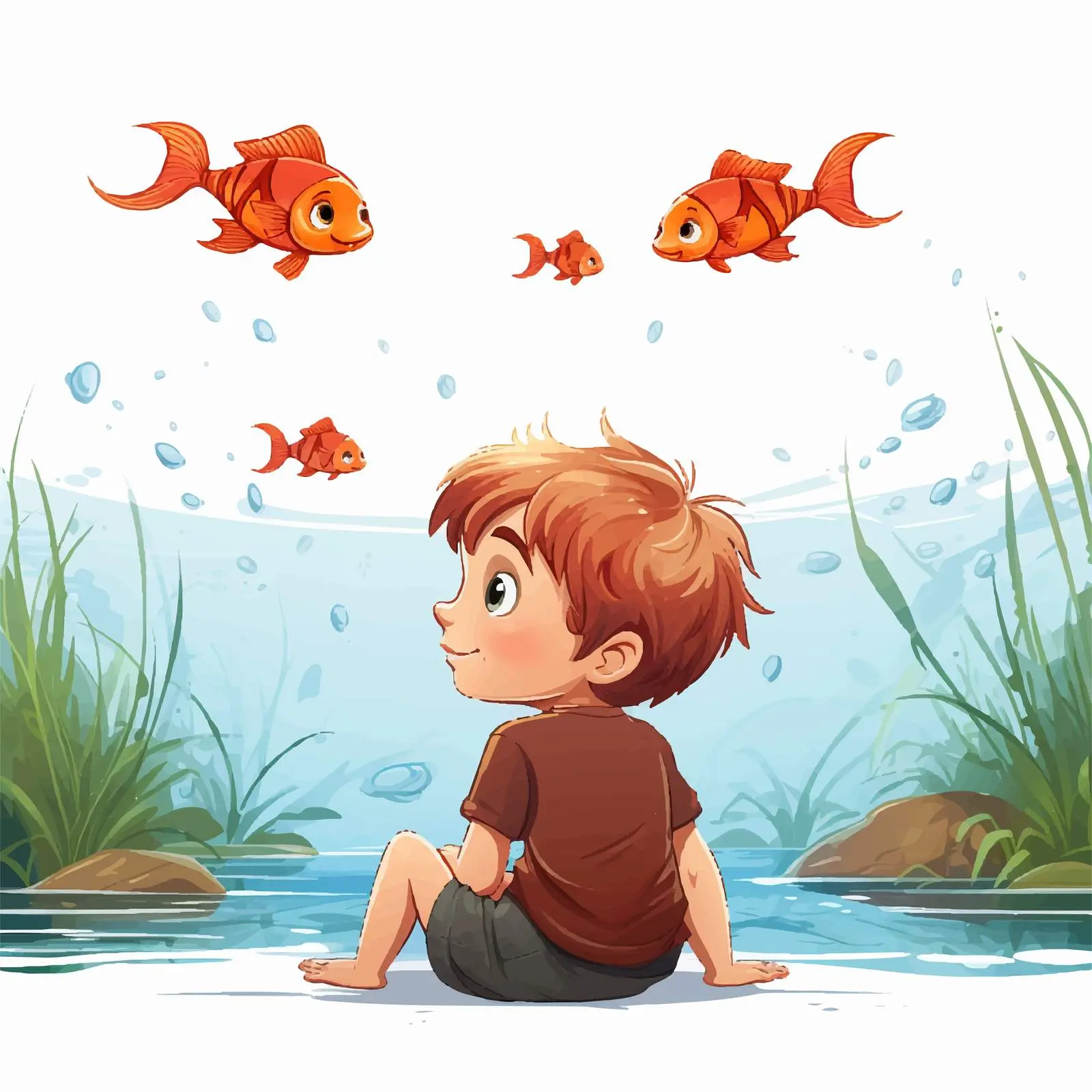 Young Boy Observing Colorful Fishes Illustration — free download from Dotvec