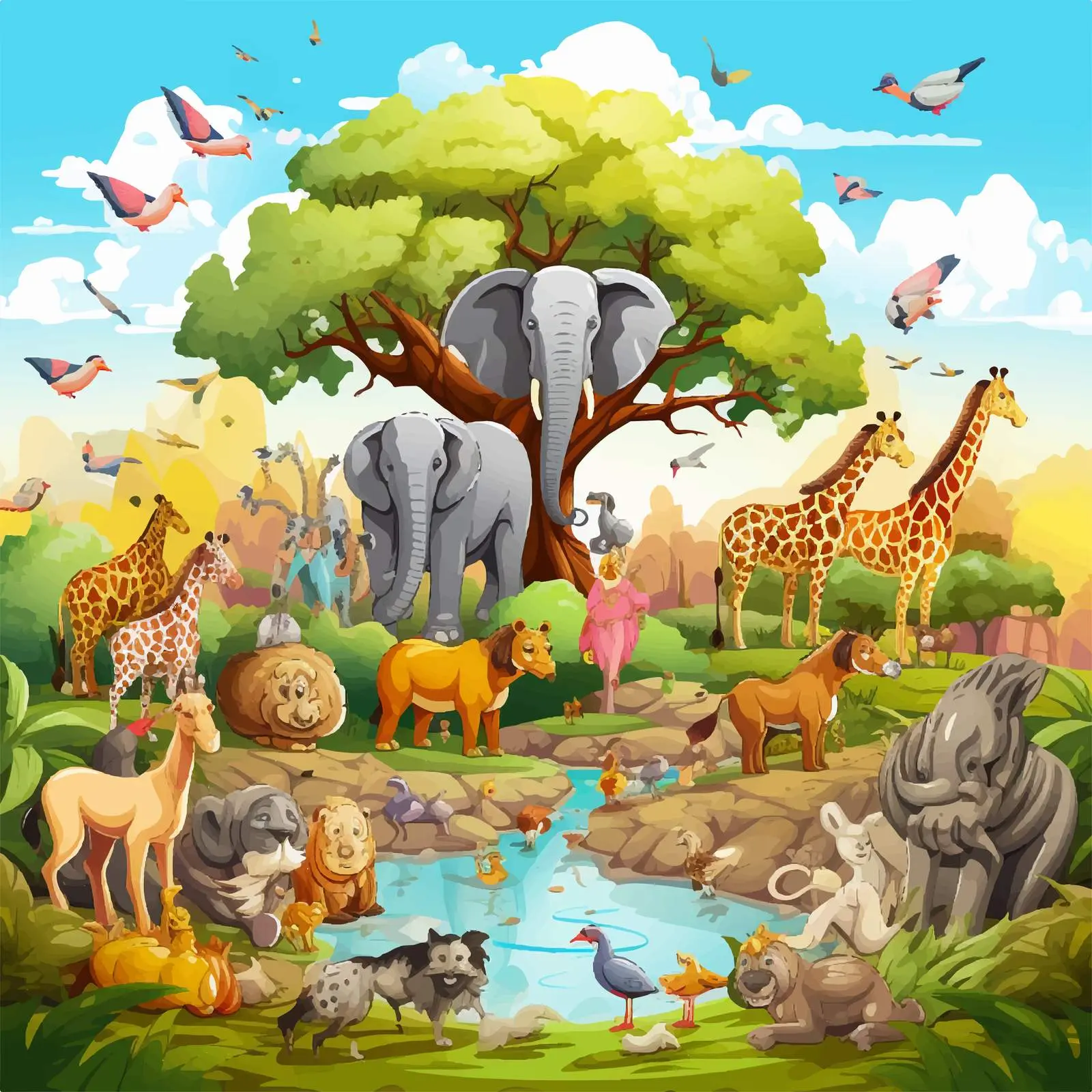 Vibrant Zoo Illustration in Serene Nature – free reserve image from Dotvec
