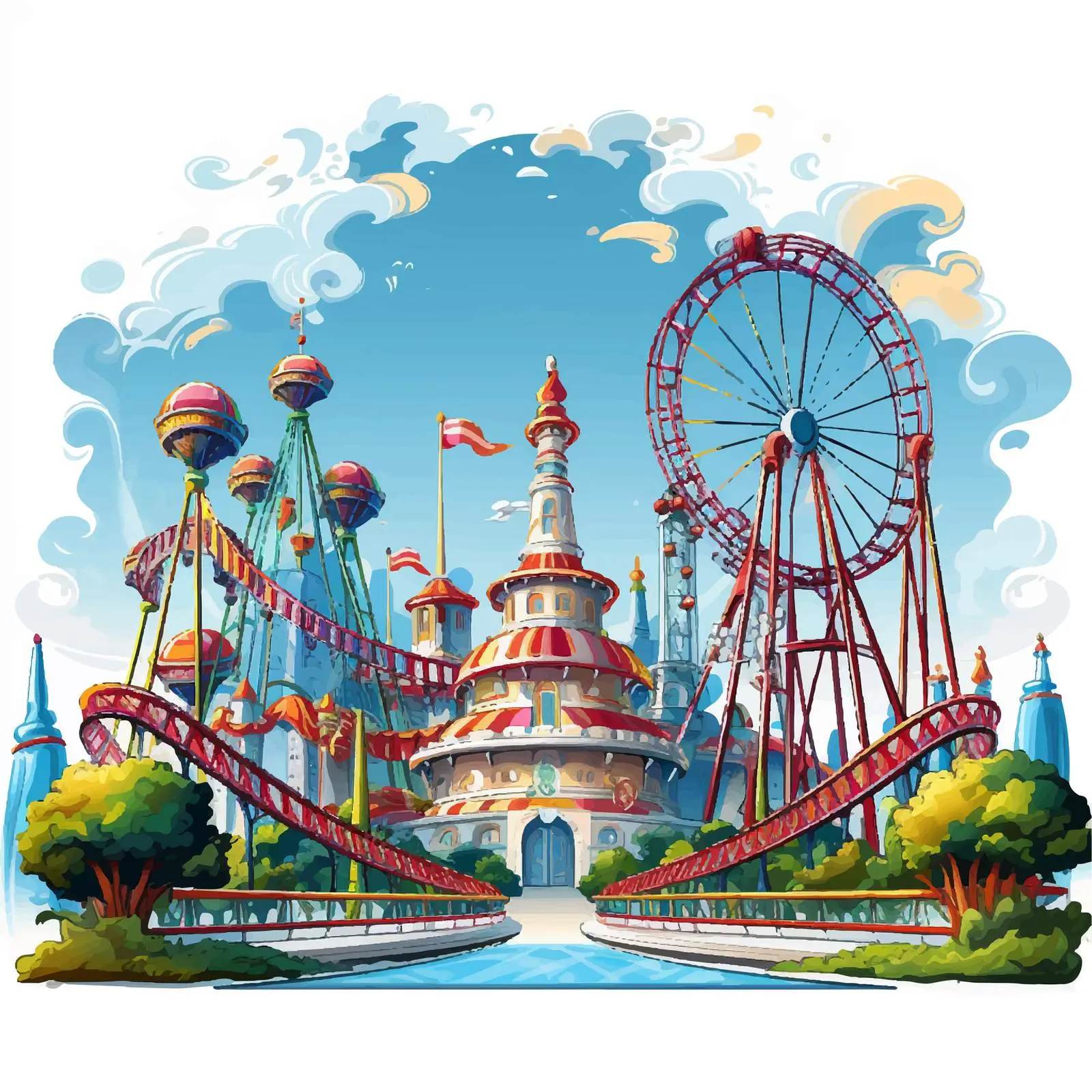 Colorful Cartoon Amusement Park Vector Illustration — free download from Dotvec