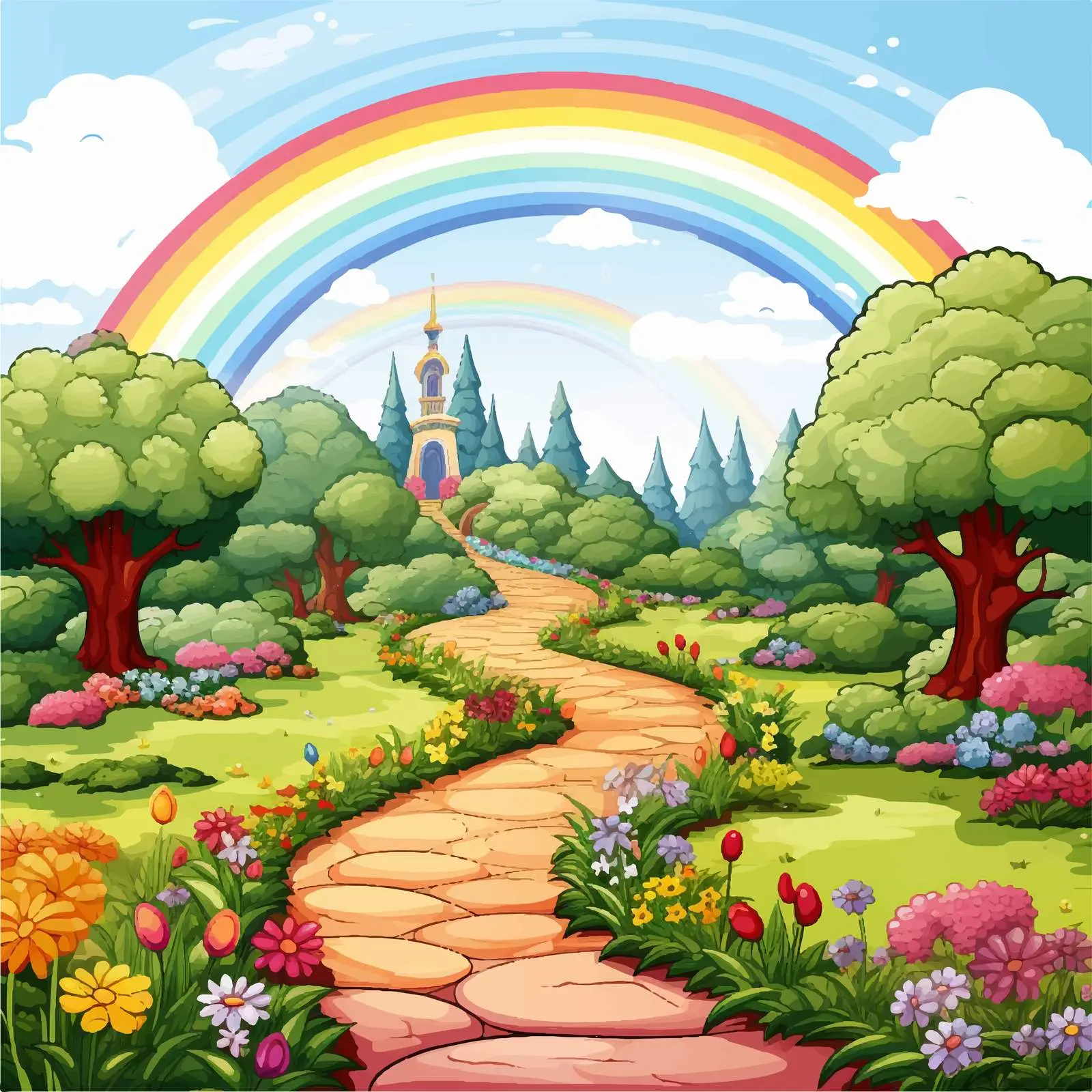 Enchanting Garden with Rainbow Illustration Vector — free download from Dotvec