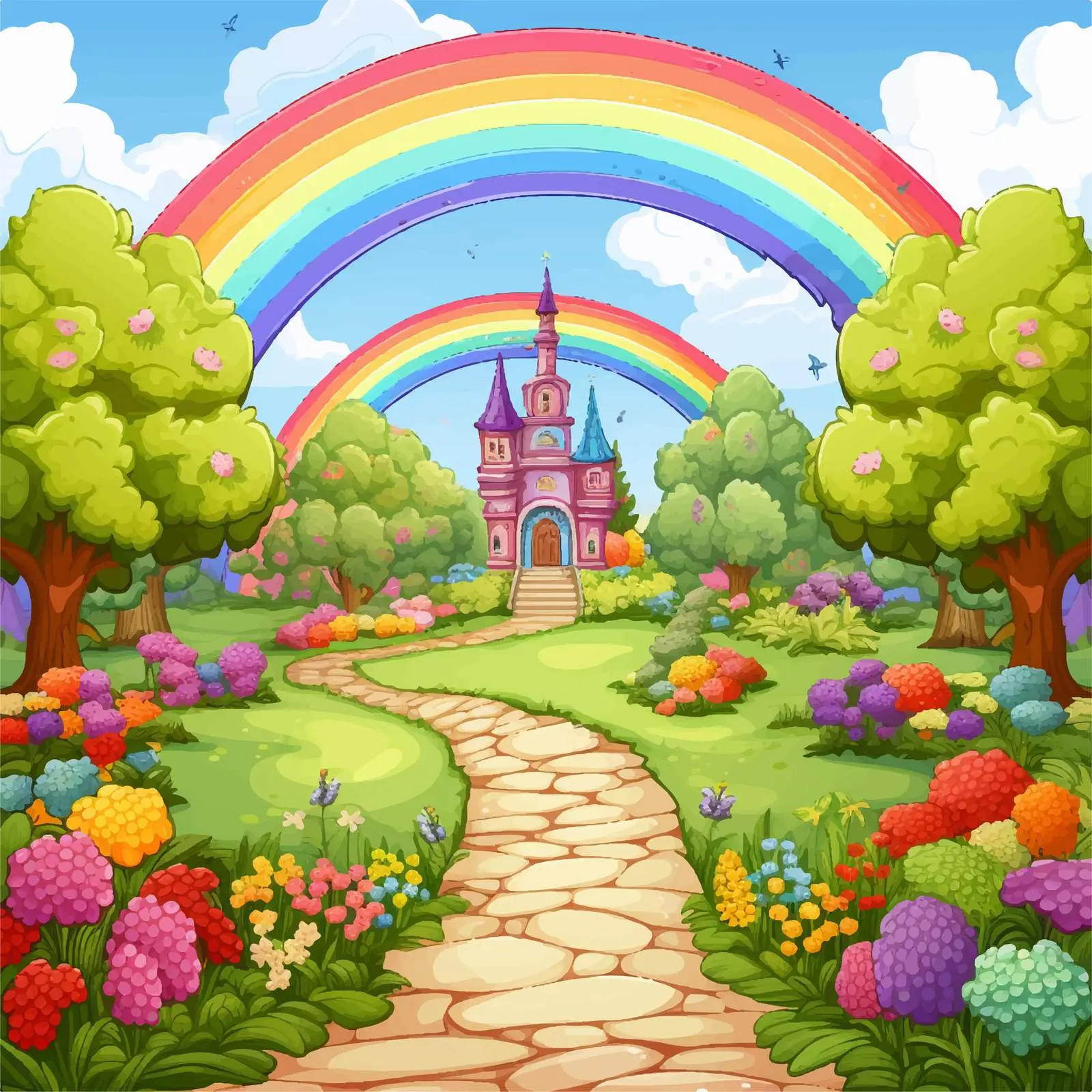 Enchanting Garden with Rainbow Vector Illustration — free download from Dotvec