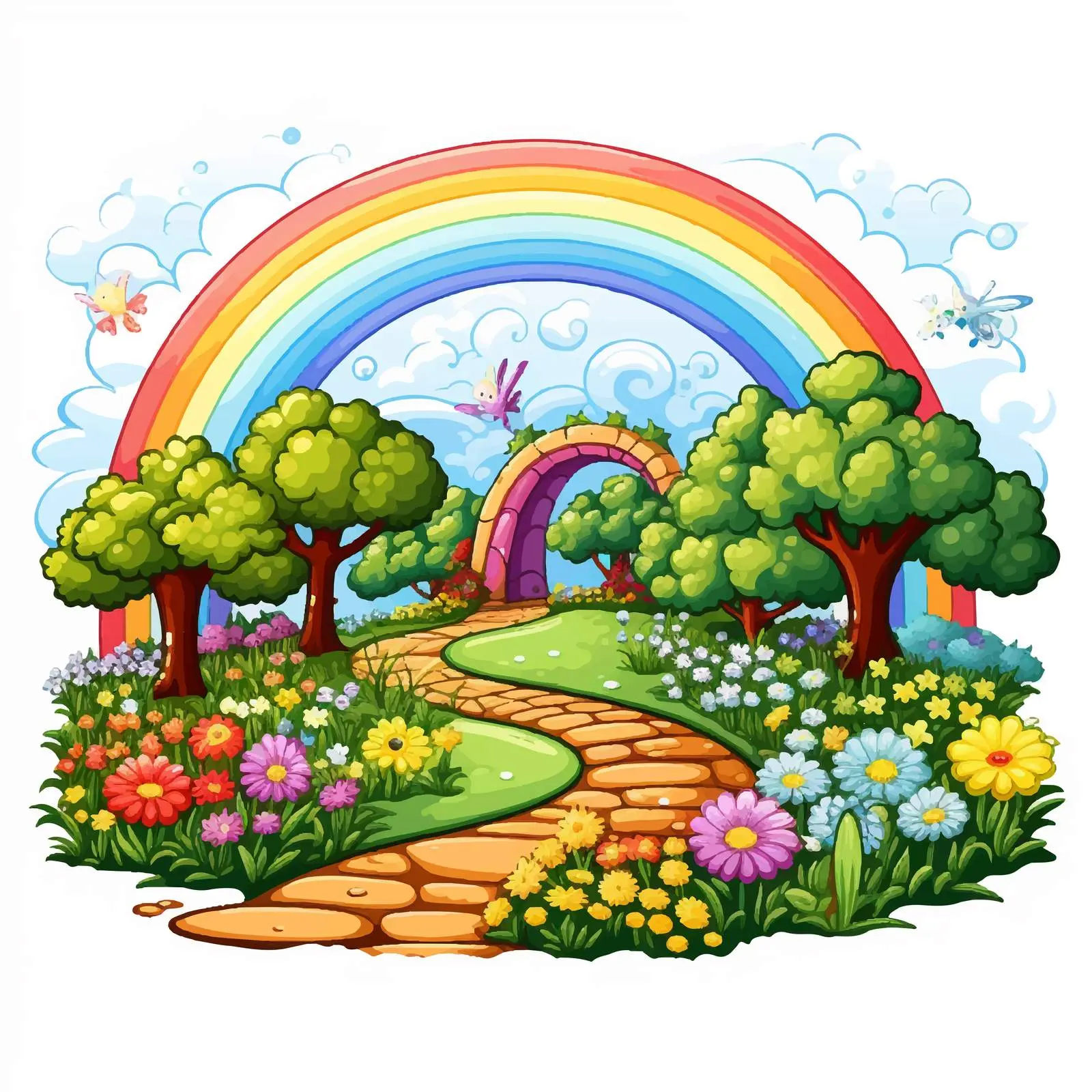 Enchanting Garden with Rainbow Illustration — free download from Dotvec
