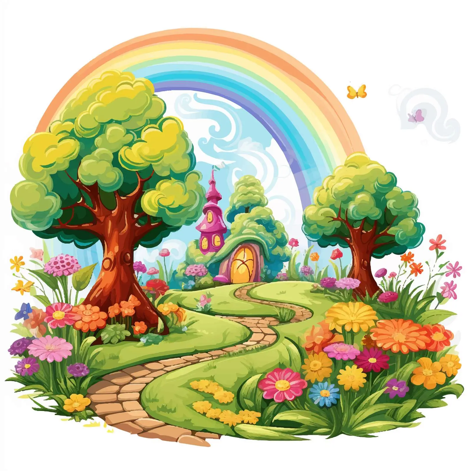 Enchanting Garden with Rainbow Vector Illustration — free download from Dotvec