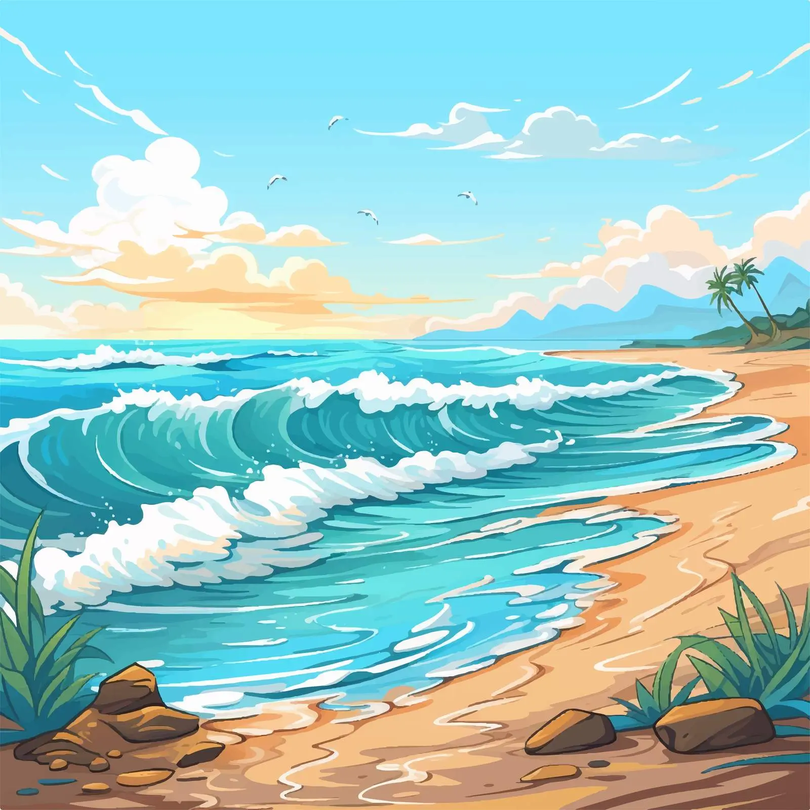 Ocean View Vector Illustration During the Day – free watercolor effect image from Dotvec