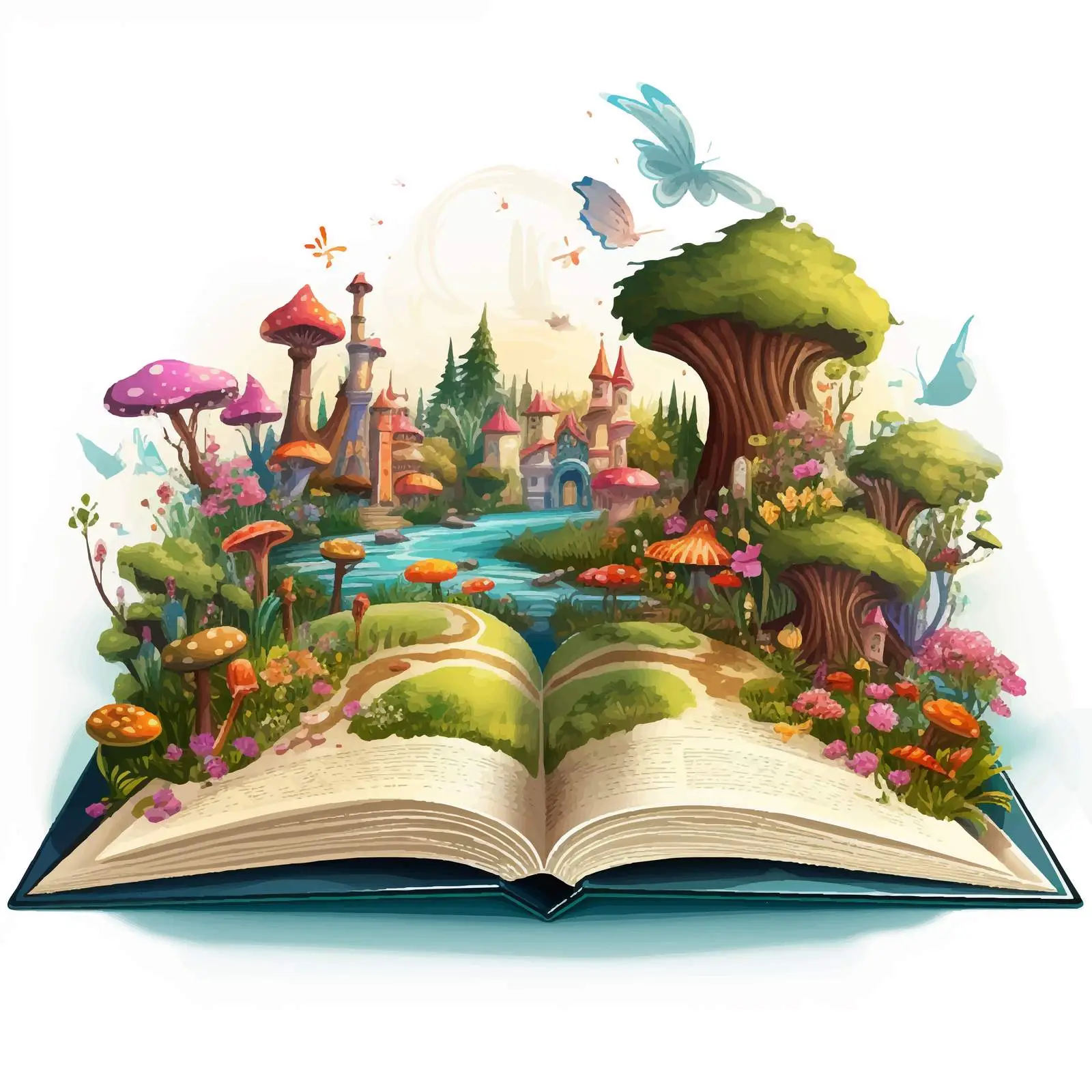 Open Book Illustration with Fairy Land Scene — free download from Dotvec