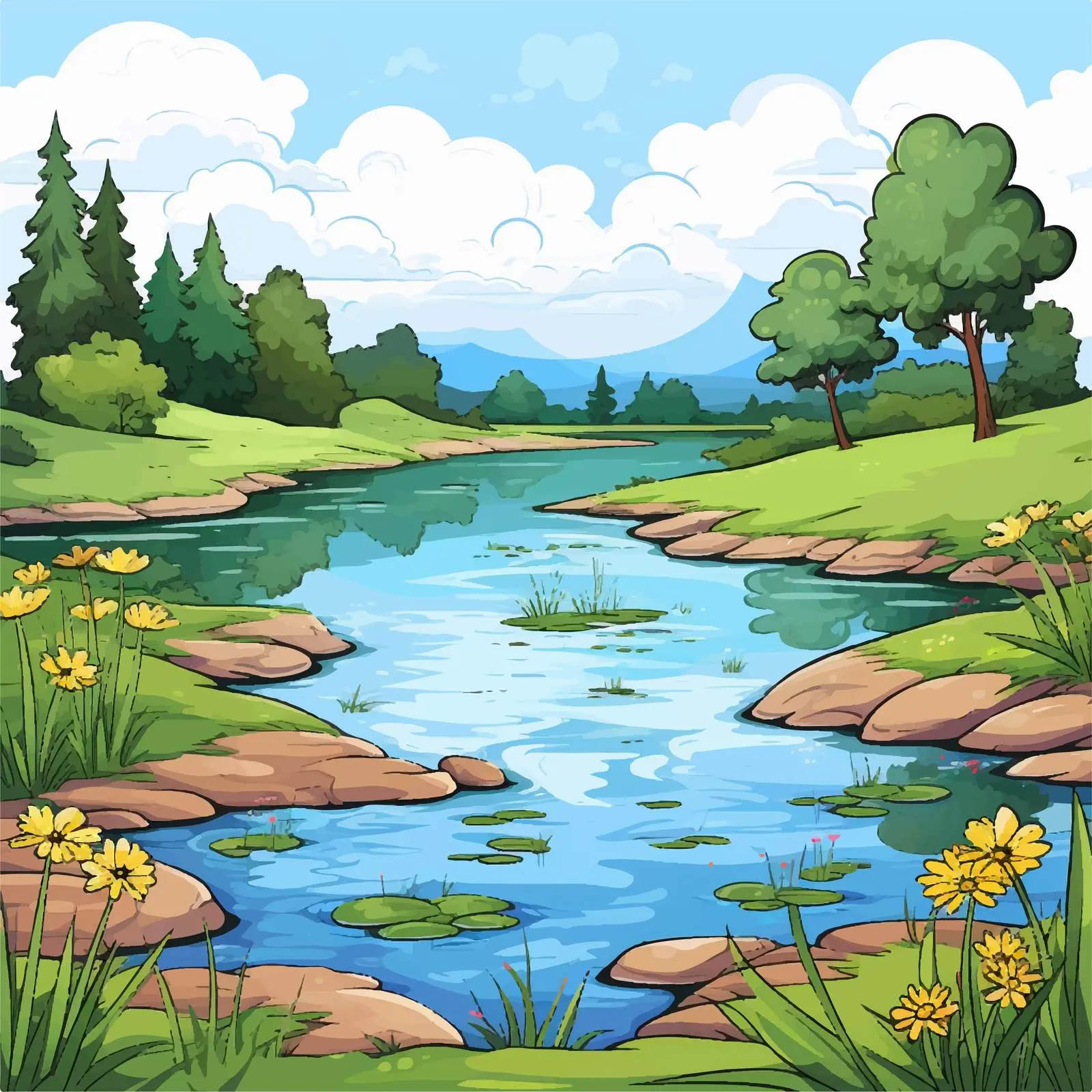 Outdoor Pond Scene Vector Illustration — free download from Dotvec