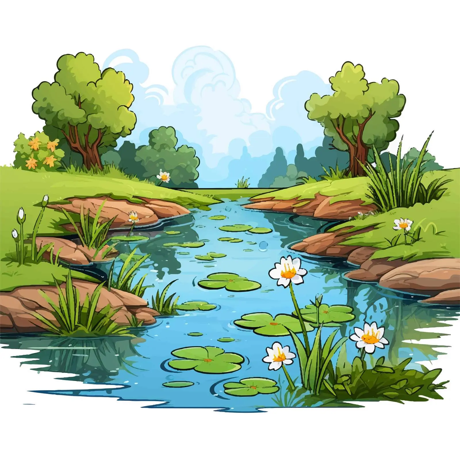 Outdoor Pond Scene Vector Illustration — free download from Dotvec