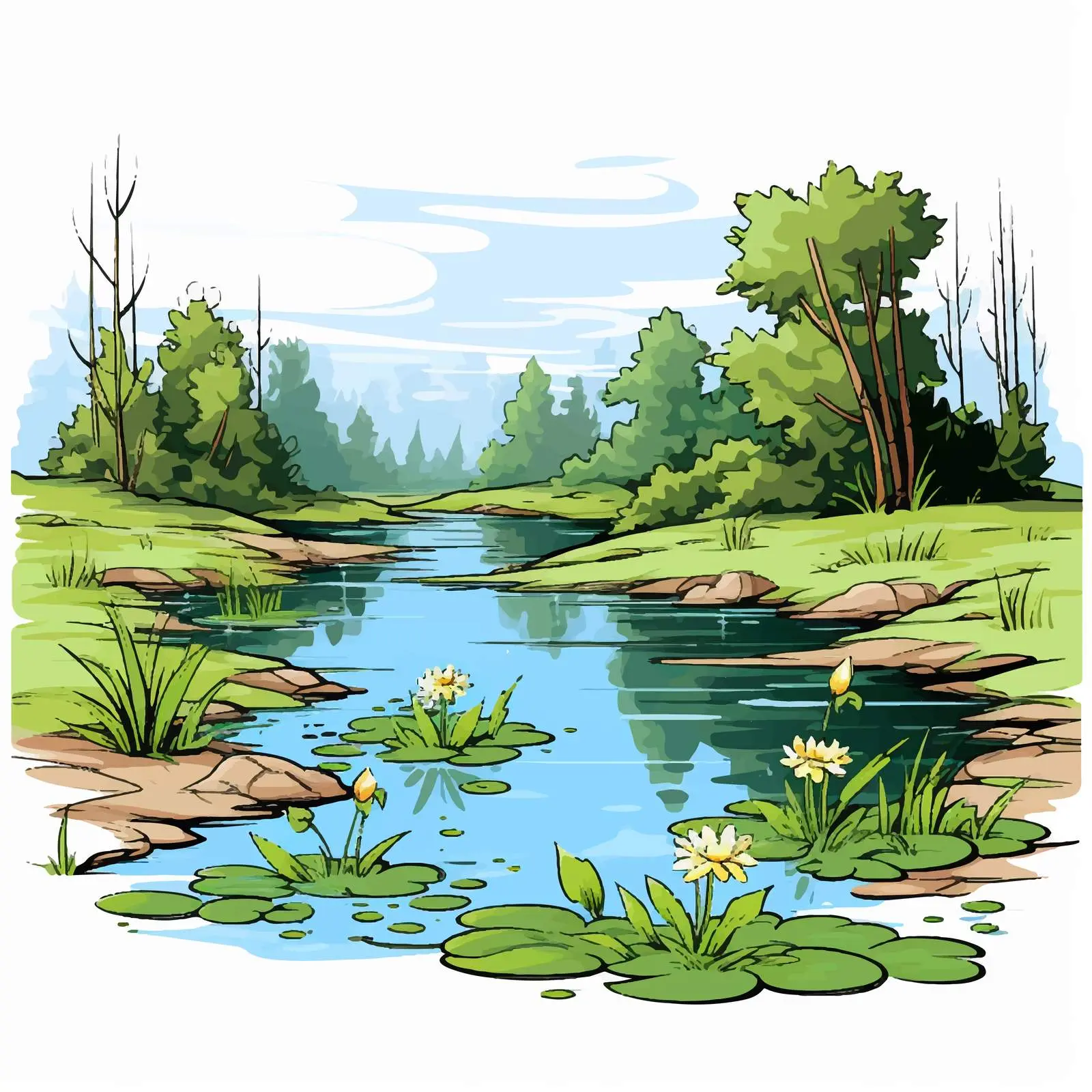 Outdoor Pond Scene Vector Illustration — free download from Dotvec