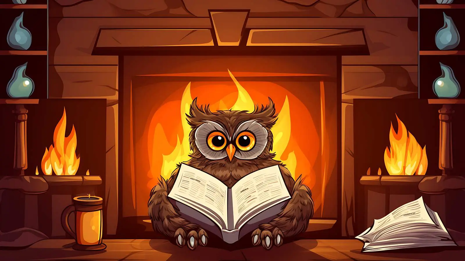 Owl Reading Book by Fireplace Illustration — free download from Dotvec