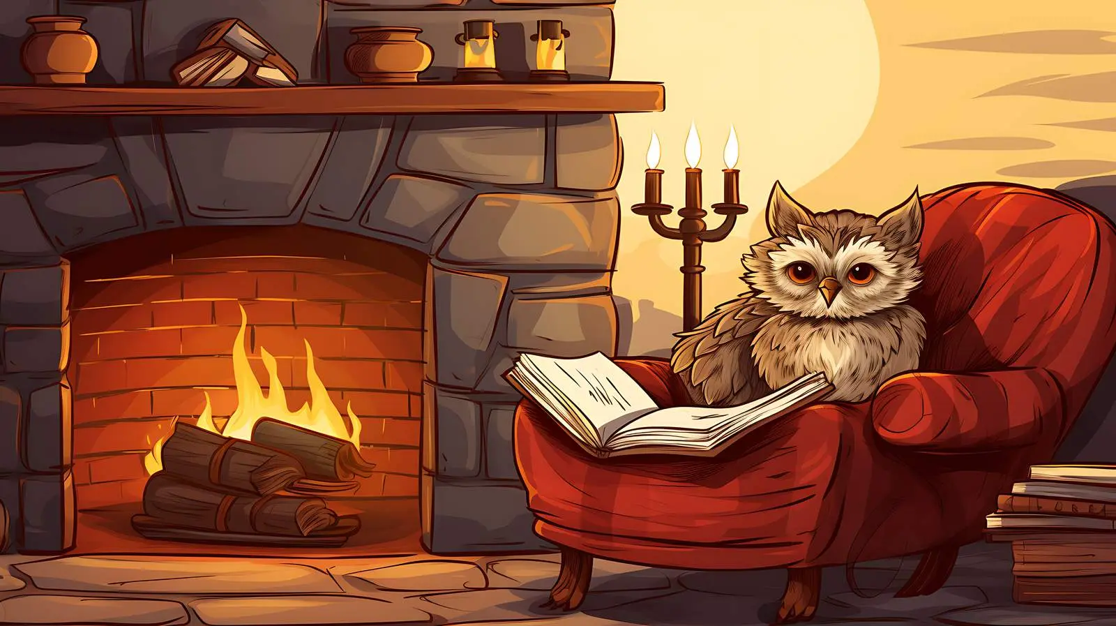 Educational Owl by Fireplace Illustration — free download from Dotvec