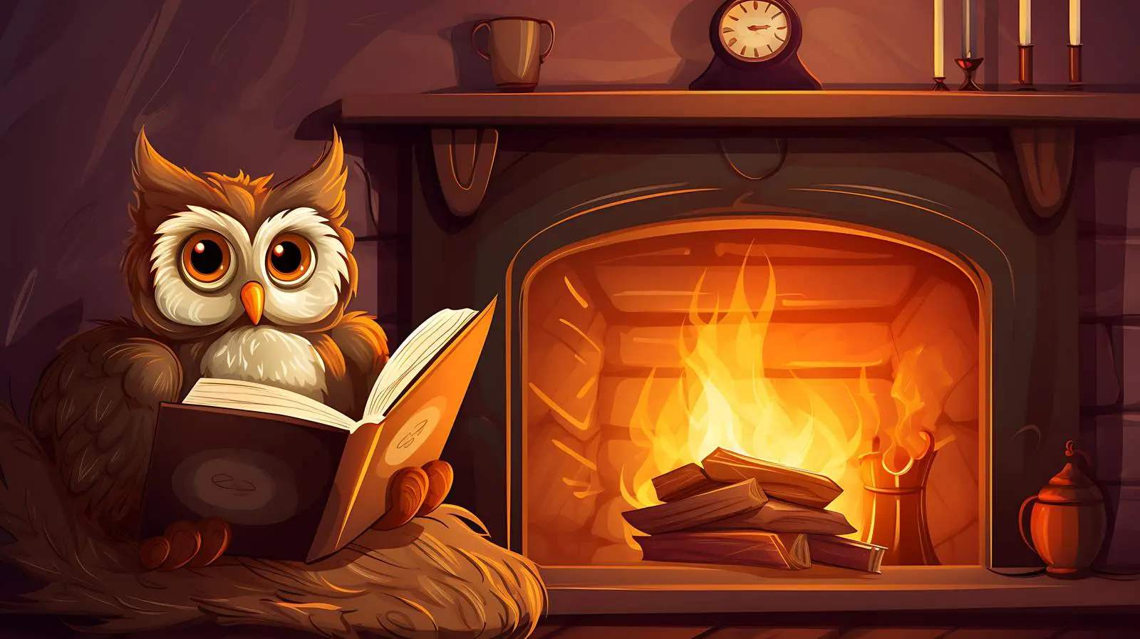 Cozy Owl Reading by Fireplace Illustration — free download from Dotvec
