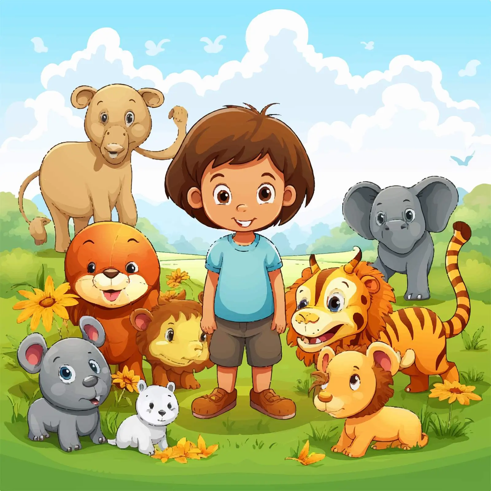 Kids and Animals in Beautiful Nature Scene — free download from Dotvec