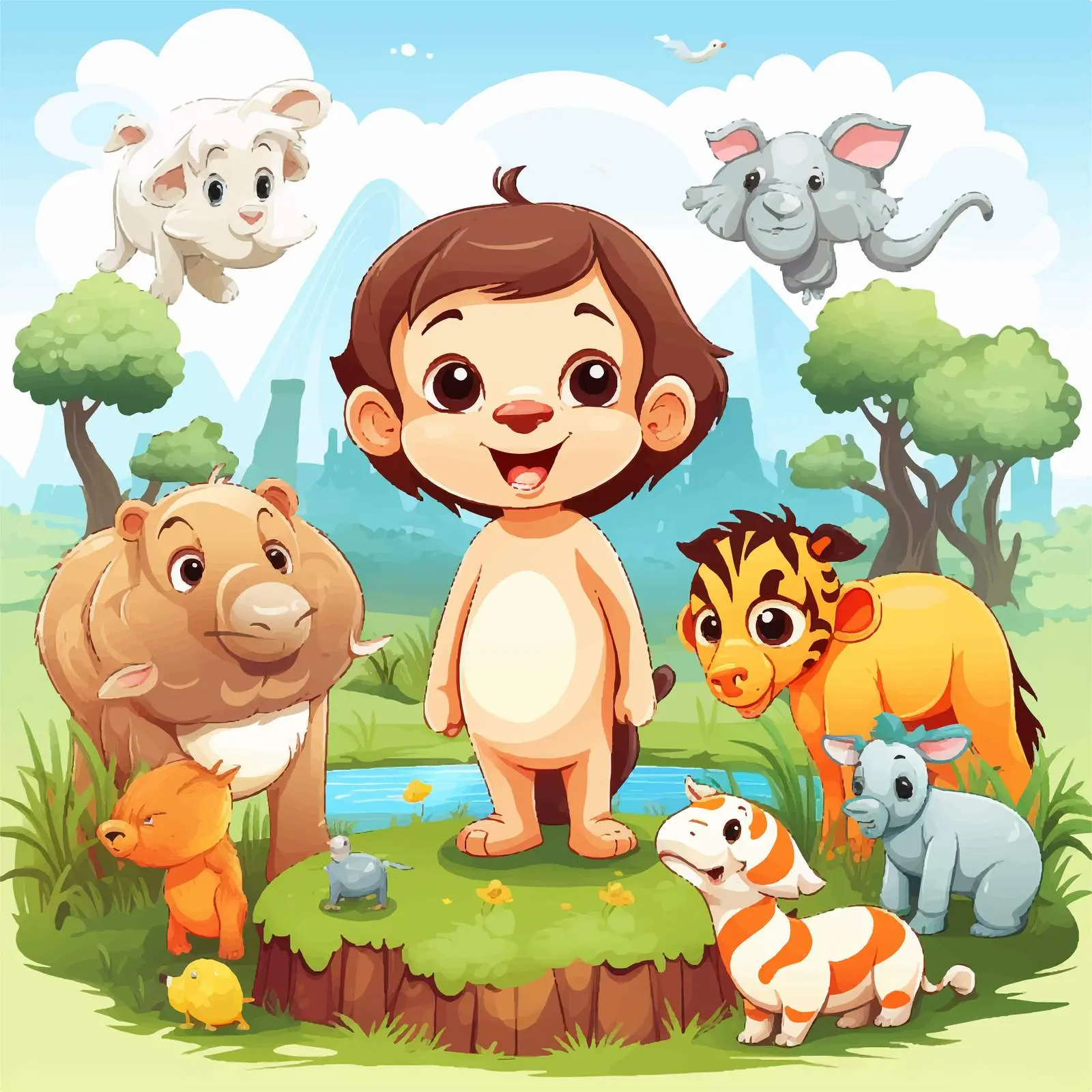 Children and Animals in Scenic Nature Illustration — free download from Dotvec