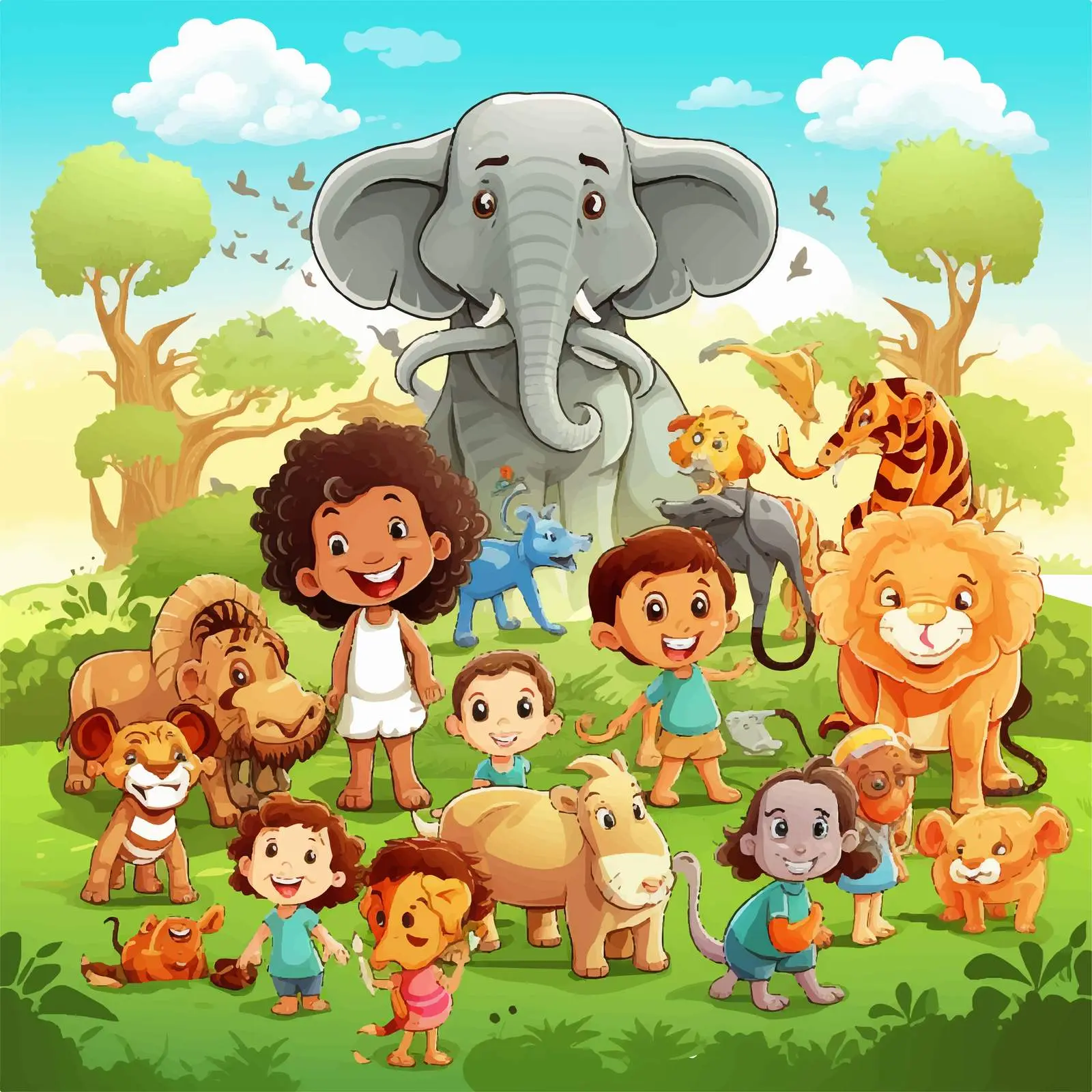 Animals and Kids in Nature Illustration — free download from Dotvec