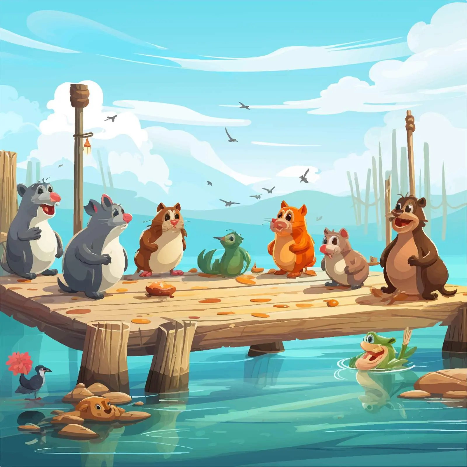 Animals Fishing on a Pier - Cartoon Vector Art – free fishermen image from Dotvec