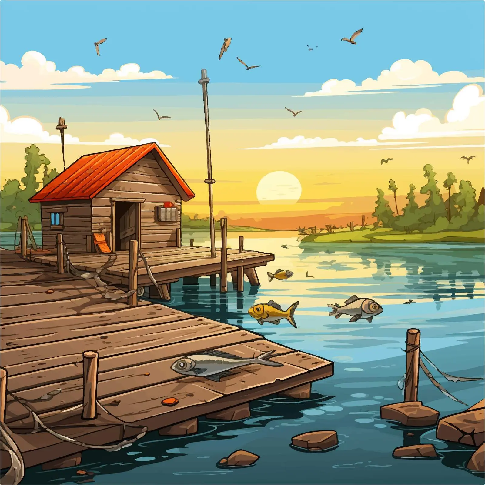 Animals Fishing on a Pier Cartoon Illustration — free download from Dotvec