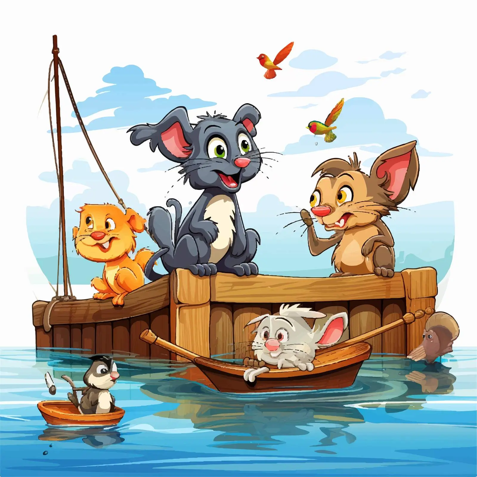 Animals Fishing on Pier - Cartoon Vector — free download from Dotvec
