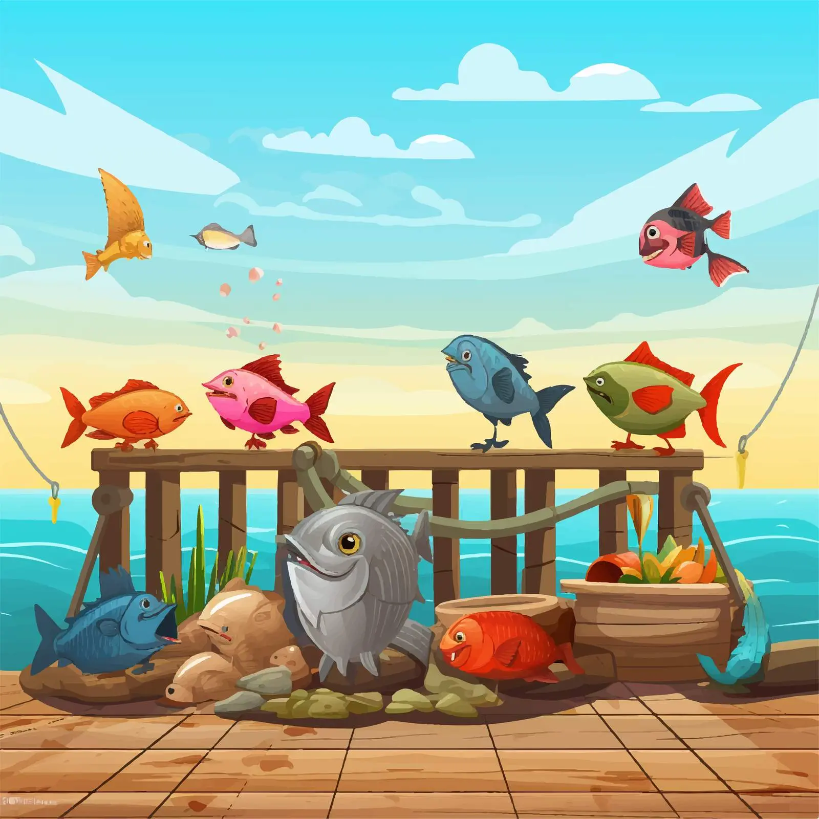Animals Fishing on Pier Cartoon Vector Illustration — free download from Dotvec