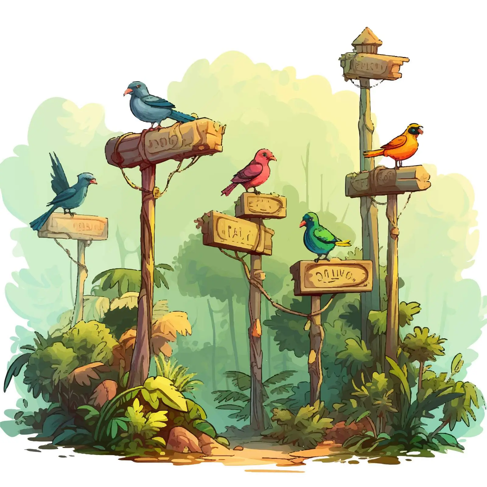 Birds Perched on Signposts Among Trees — free download from Dotvec