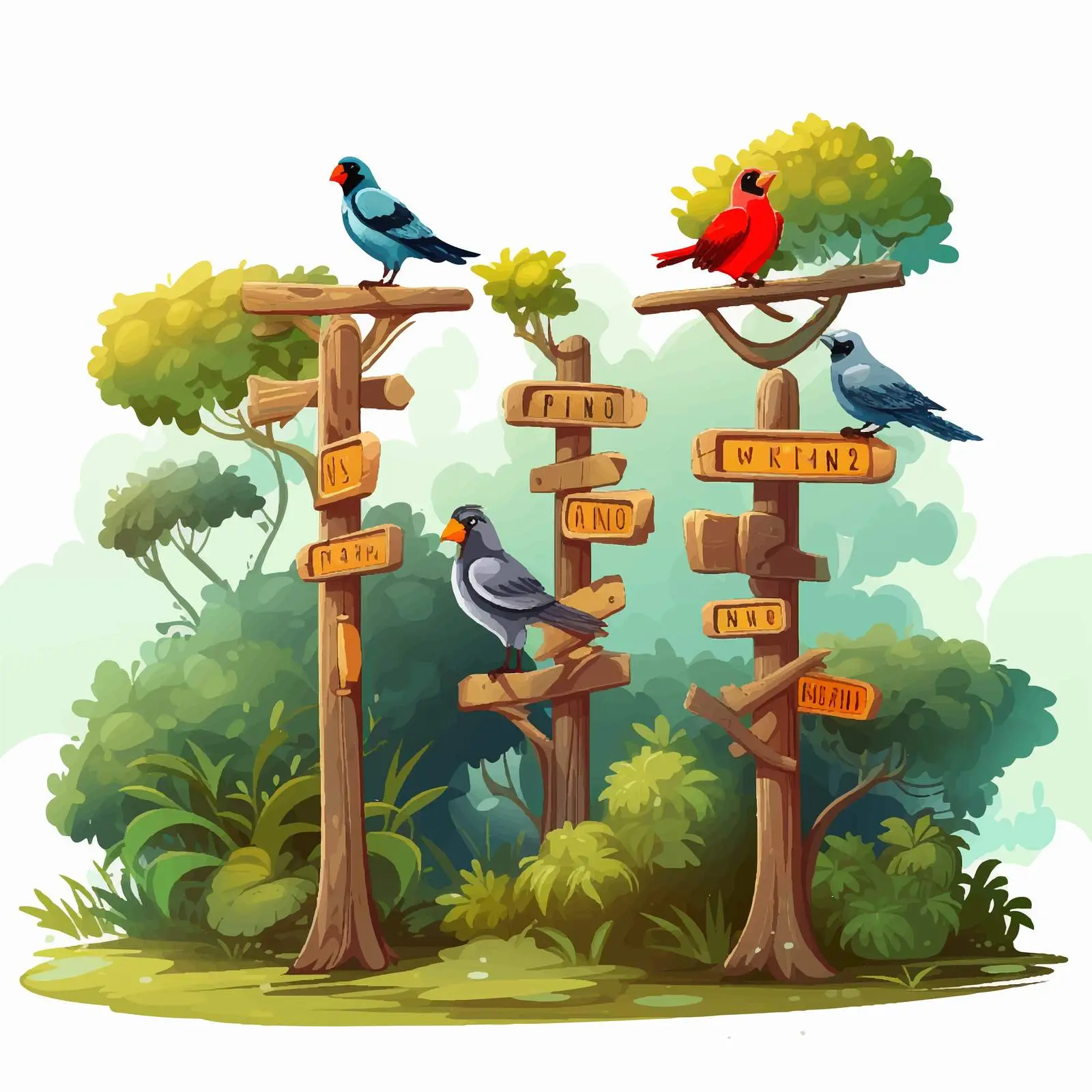 Birds on Signposts Amidst Trees Illustration — free download from Dotvec