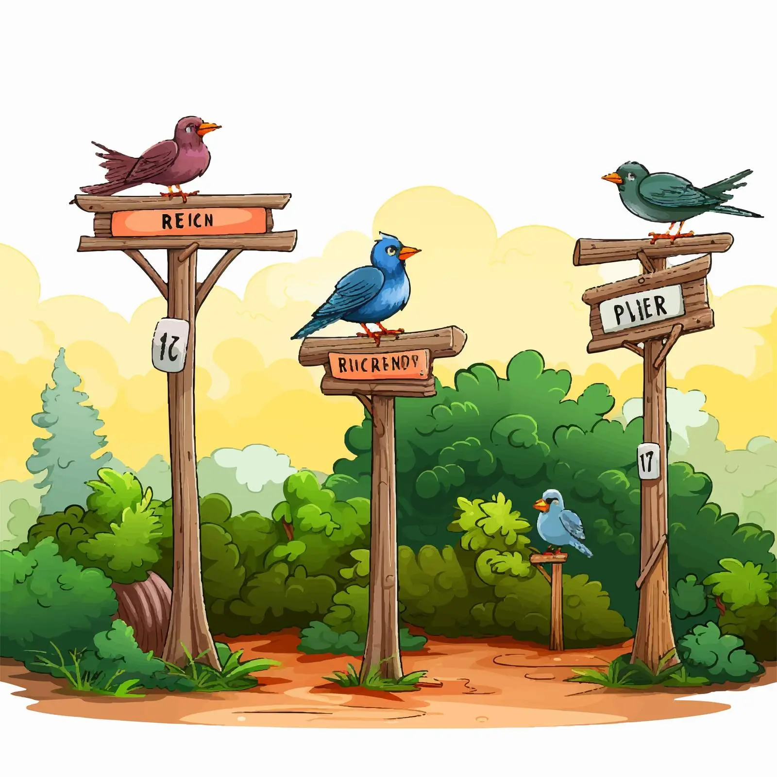 Birds on Signposts Surrounded by Trees — free download from Dotvec