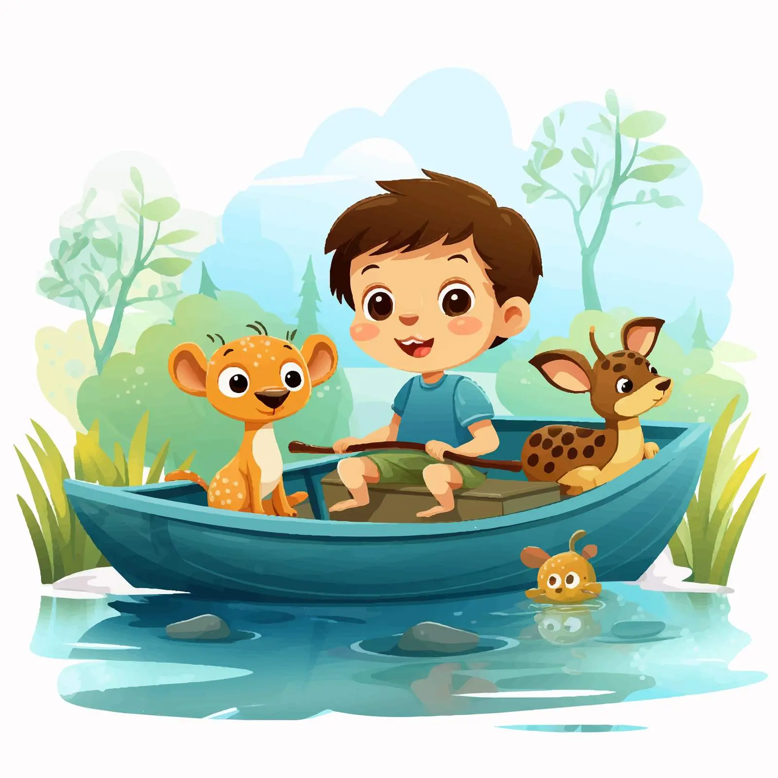Boy in Boat with Animal Friends in Lake — free download from Dotvec
